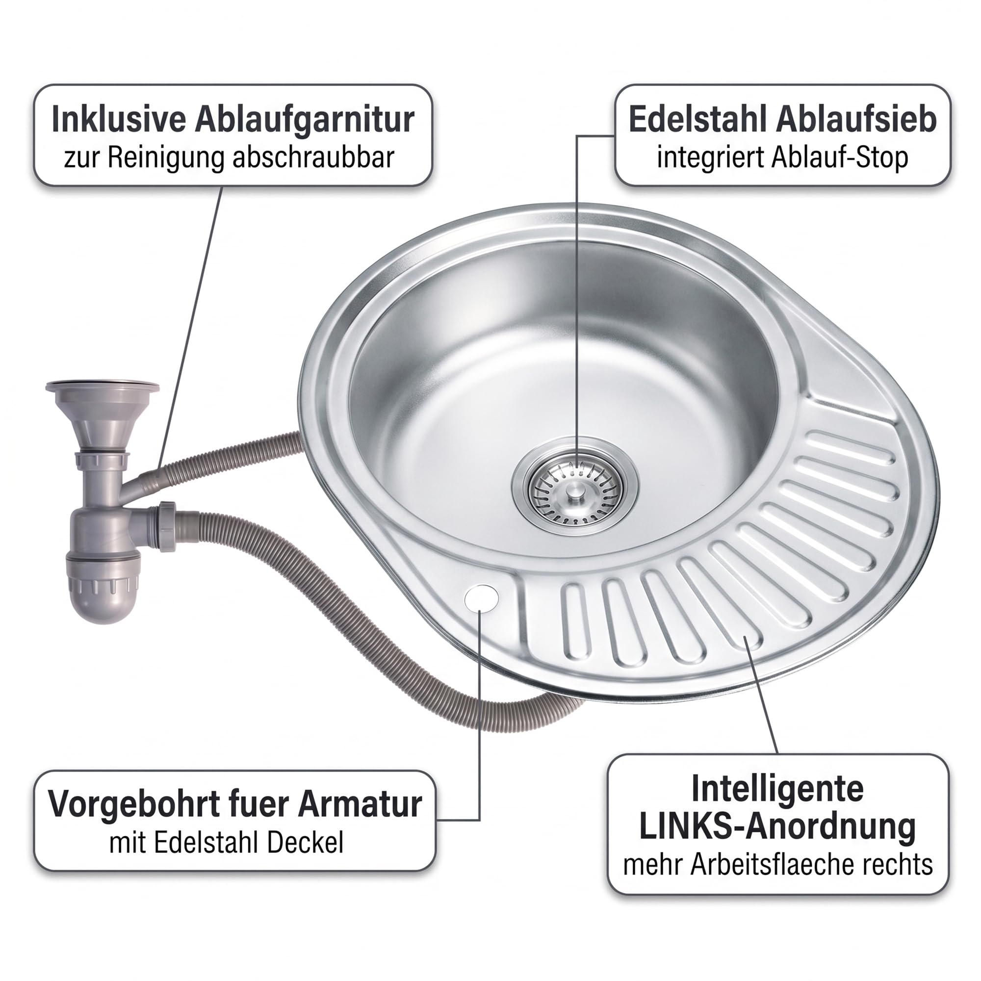 Mucola Einbauspüle Edelstahl Küchenspüle mit Abtropffläche 57x45x17 cm Grau