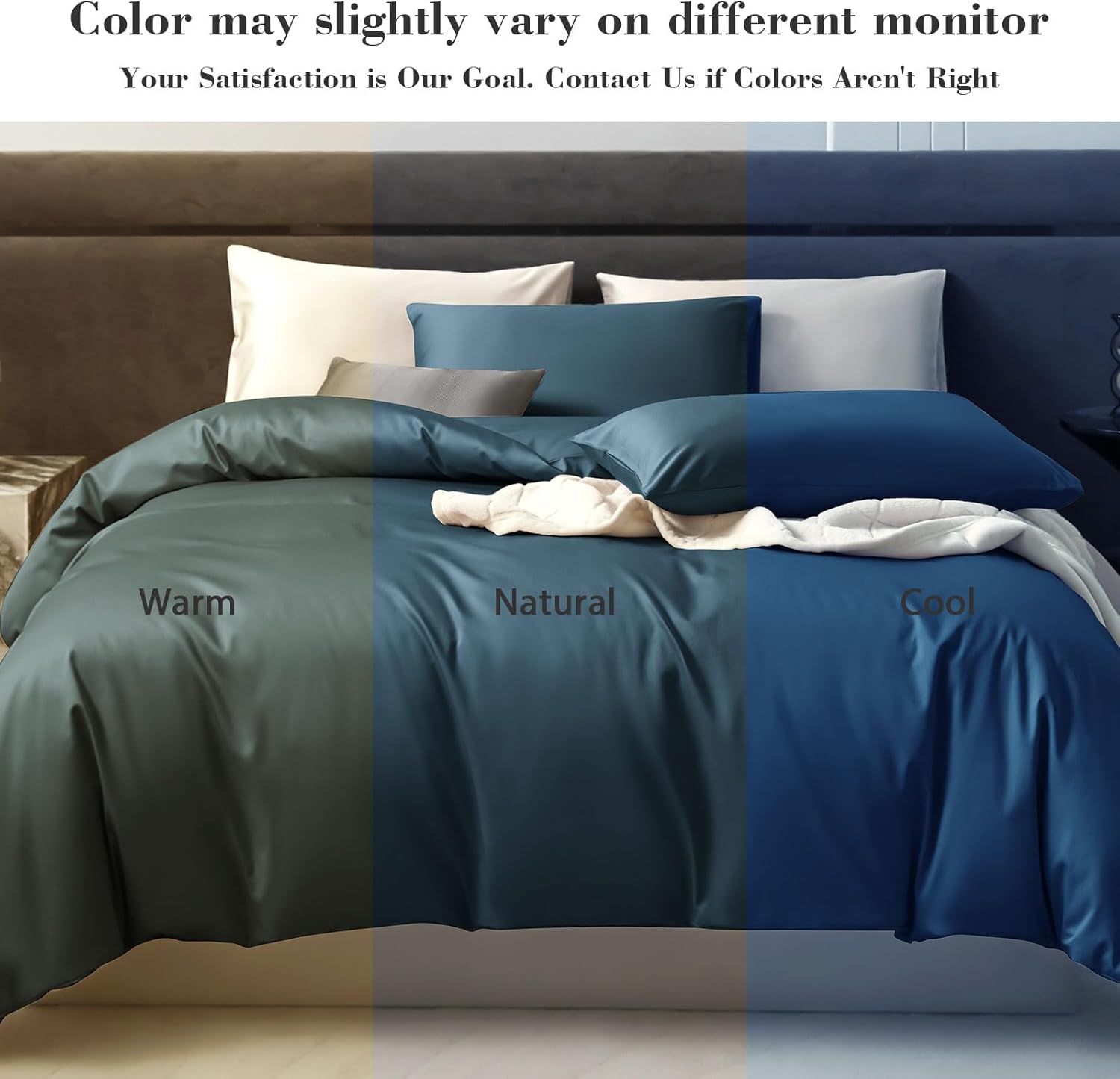 PURE ERA Duvet Cover Set 800 Thread Count Long Staple Cotton Sateen Silky Soft Luxurious Smooth 3 Piece Set Solid Dark Blue King - Image 6