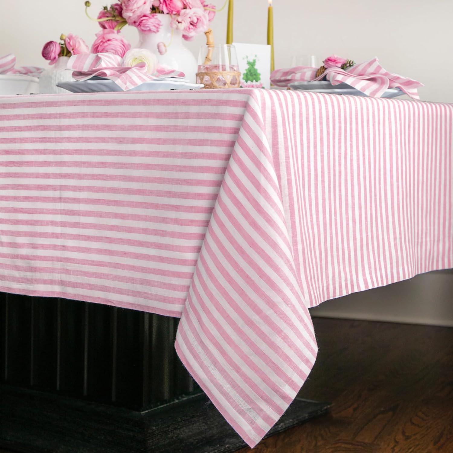 Solino Home Linen Tablecloth 60 x 120 Inch - Amalfi Stripe 100% Pure Linen Cherry Blossom and White Table Cloth for Rectangle Tables - Machine Washable Tablecloth for Spring, Summer