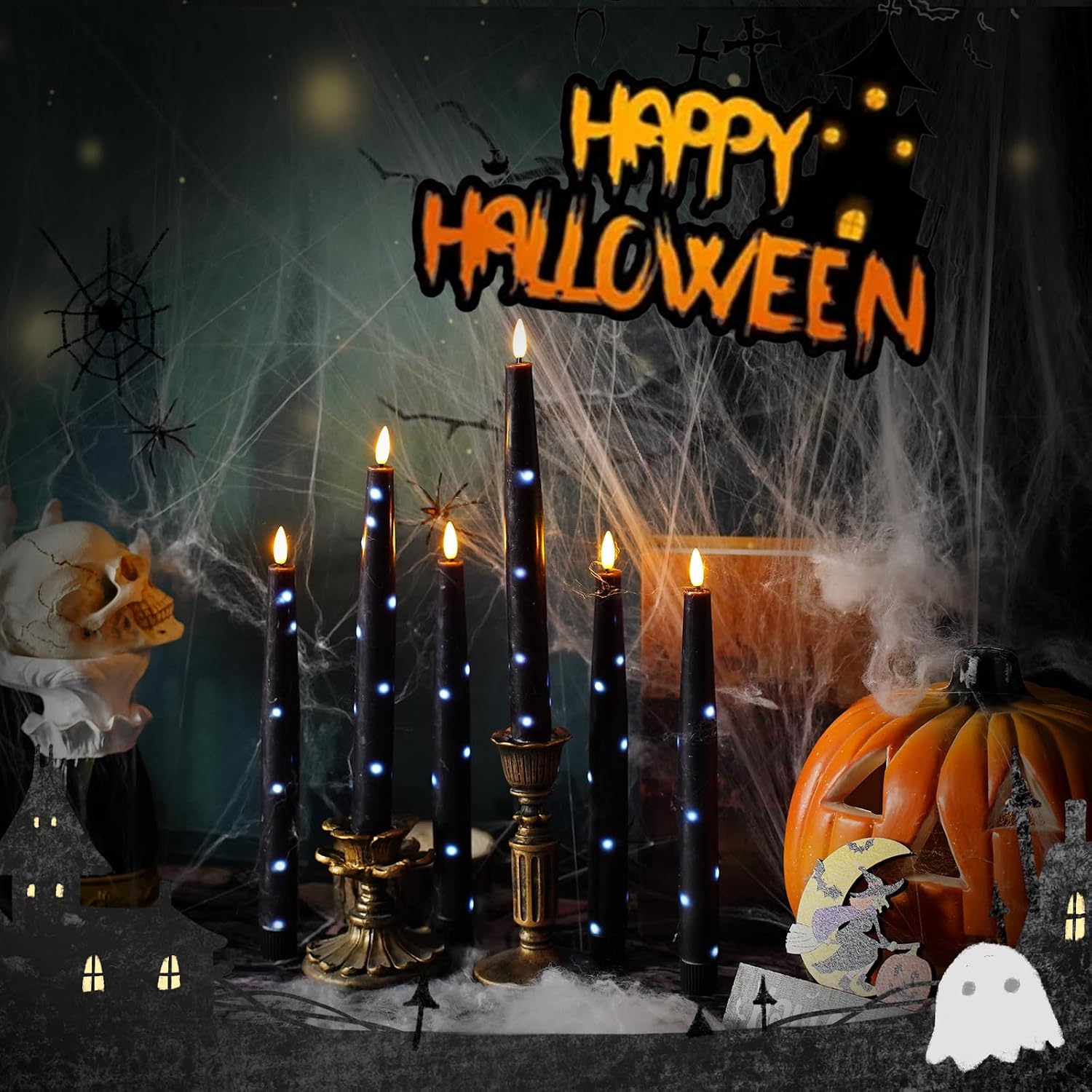 Nimiko Flameless Taper Candles with Star Lights, Remote Control, and Timer Control, Made of Real Wax, LED Battery-Powered Candles Suitable for Home, Party, and Wedding Decorations 6-Pack Black