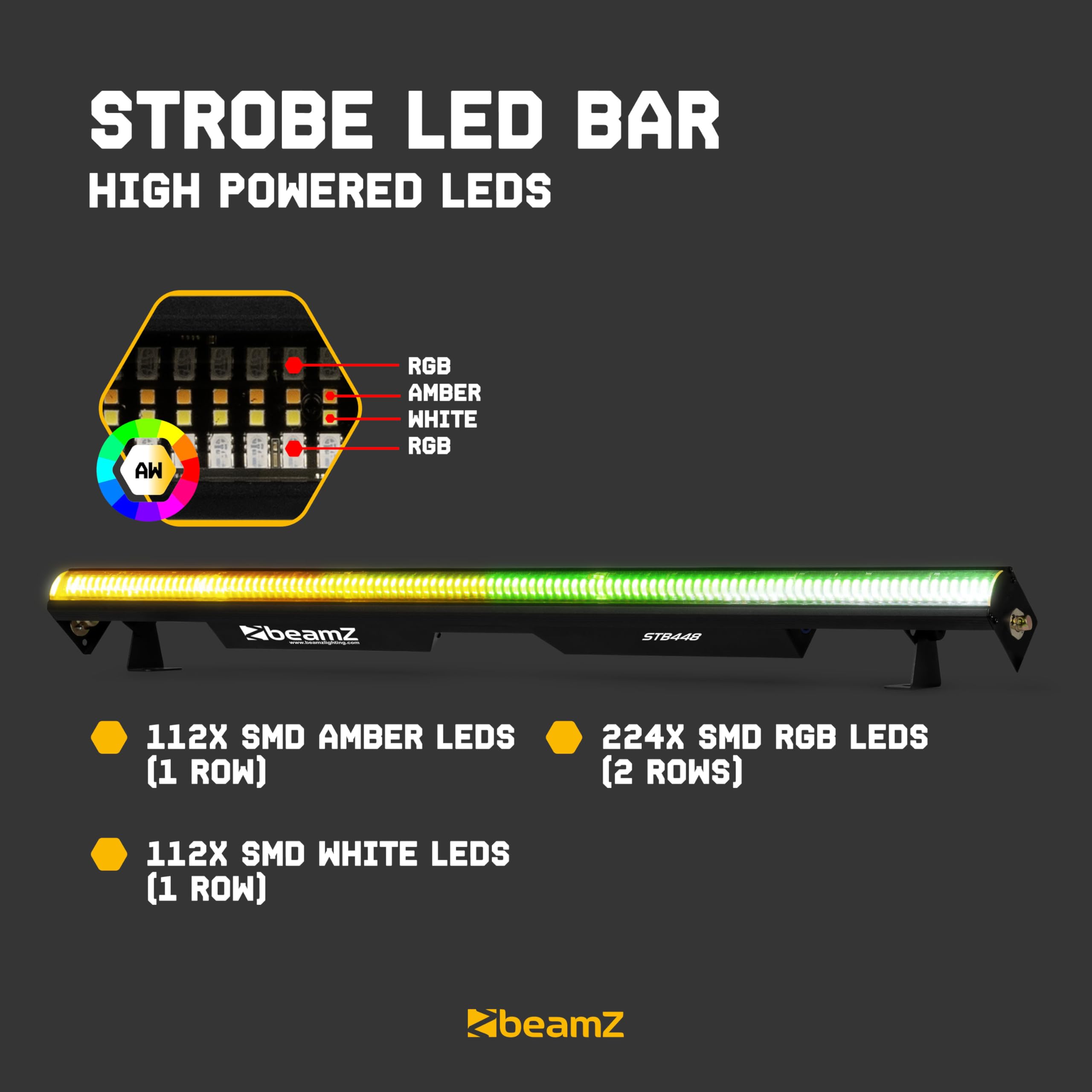 BeamZ STB448 - DMX LED Bar RGBWA mit Strobe, 64 DMX-Segmente, Lichtorgel Musikgesteuert, PowerCon Daisy Chain, 224 RGB LEDs, 112 Weiß/Amber, Partybar Bühnenlicht Lichtorgel DJ Lichttechnik