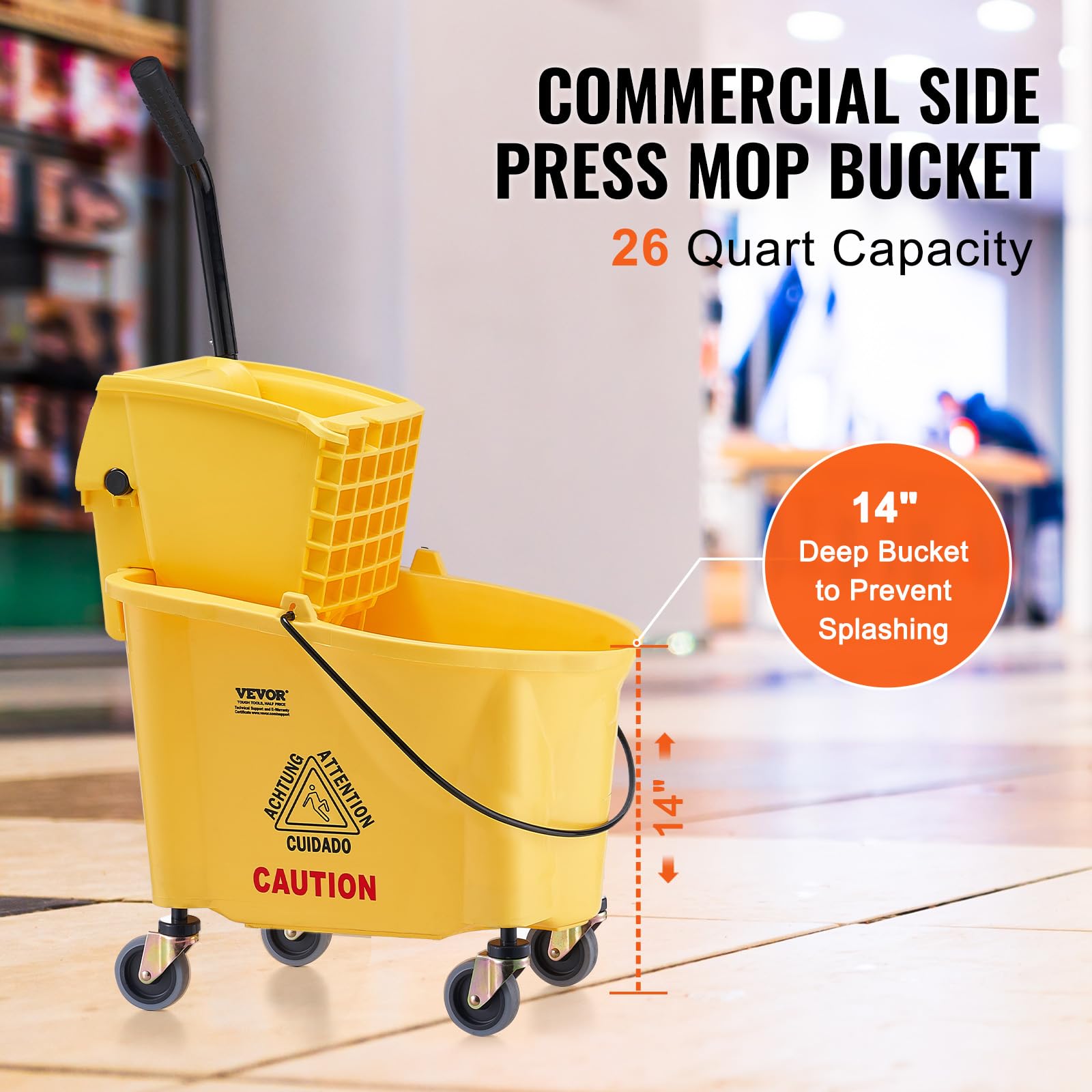 VEVOR Wischeimer Moppeimer mit Wringer, 26 QT Gewerblicher Wischeimer mit seitlicher Presspresse, Gelb