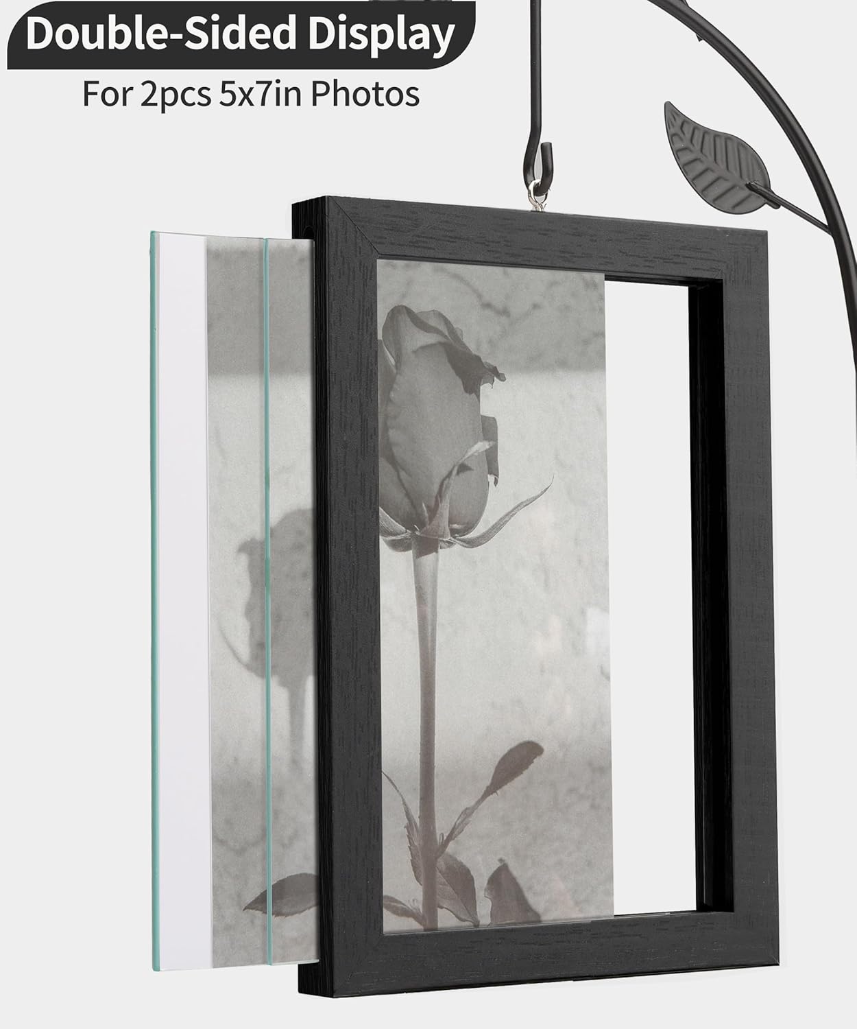 Afuly 5x7 Picture Frame Black Family Picture Frames with Metal Tree Stand Glass Vase Modern Desk Photo Frame for Double Sided Glass Display Wedding Birthday Gifts for Women Couple Mom