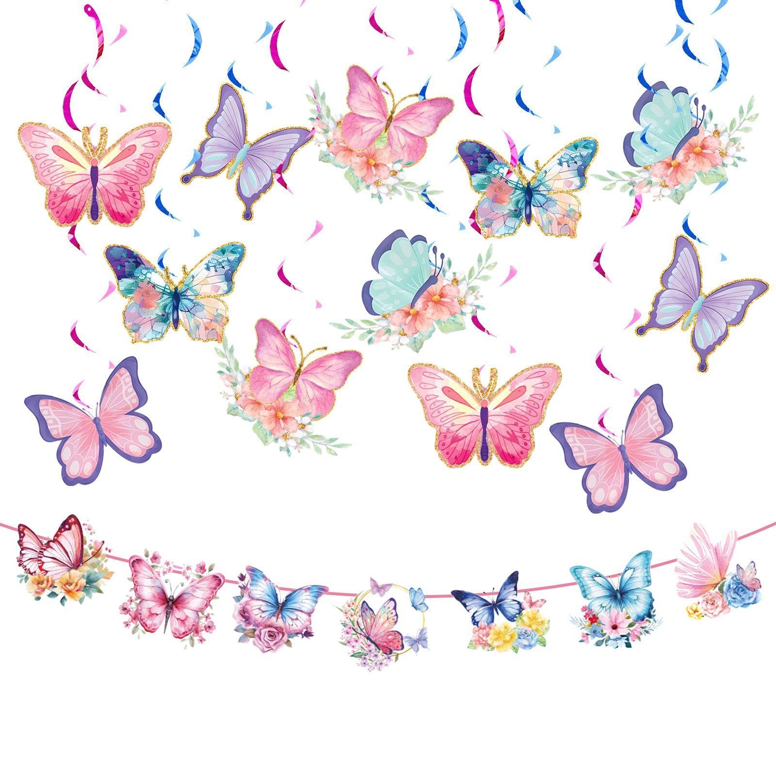 Nidhfg Multicolor 12 Pieces Of Butterfly Spiral Pendant And 1 Piece Of Butterfly Pulling Flag, Birthday Party Decorations, Party Scene Arrangement.