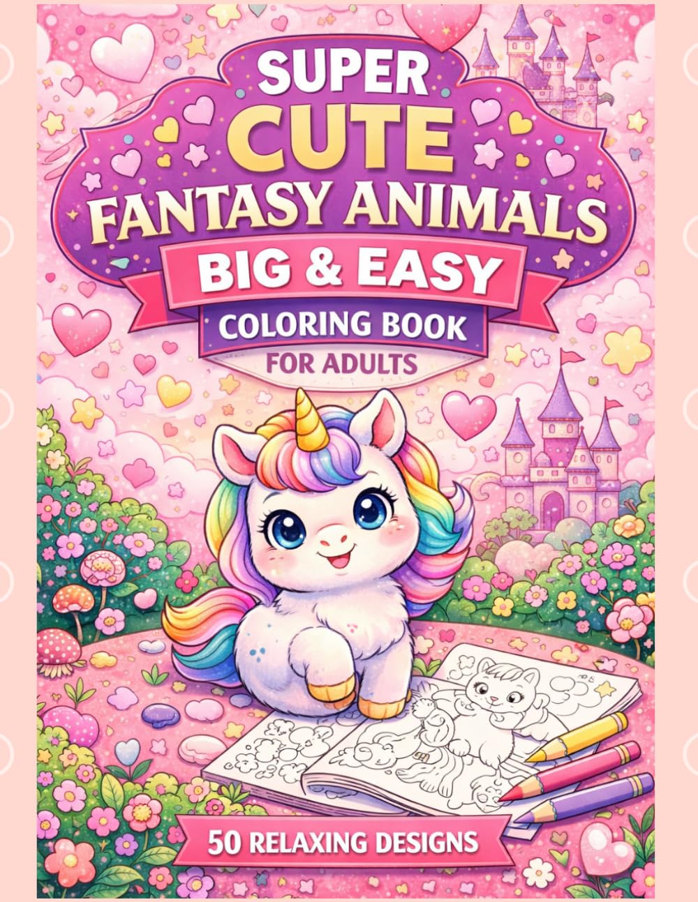 Cute Fantasy Animals Coloring Book for Adults: Easy Cute Animal Coloring Book for Adults