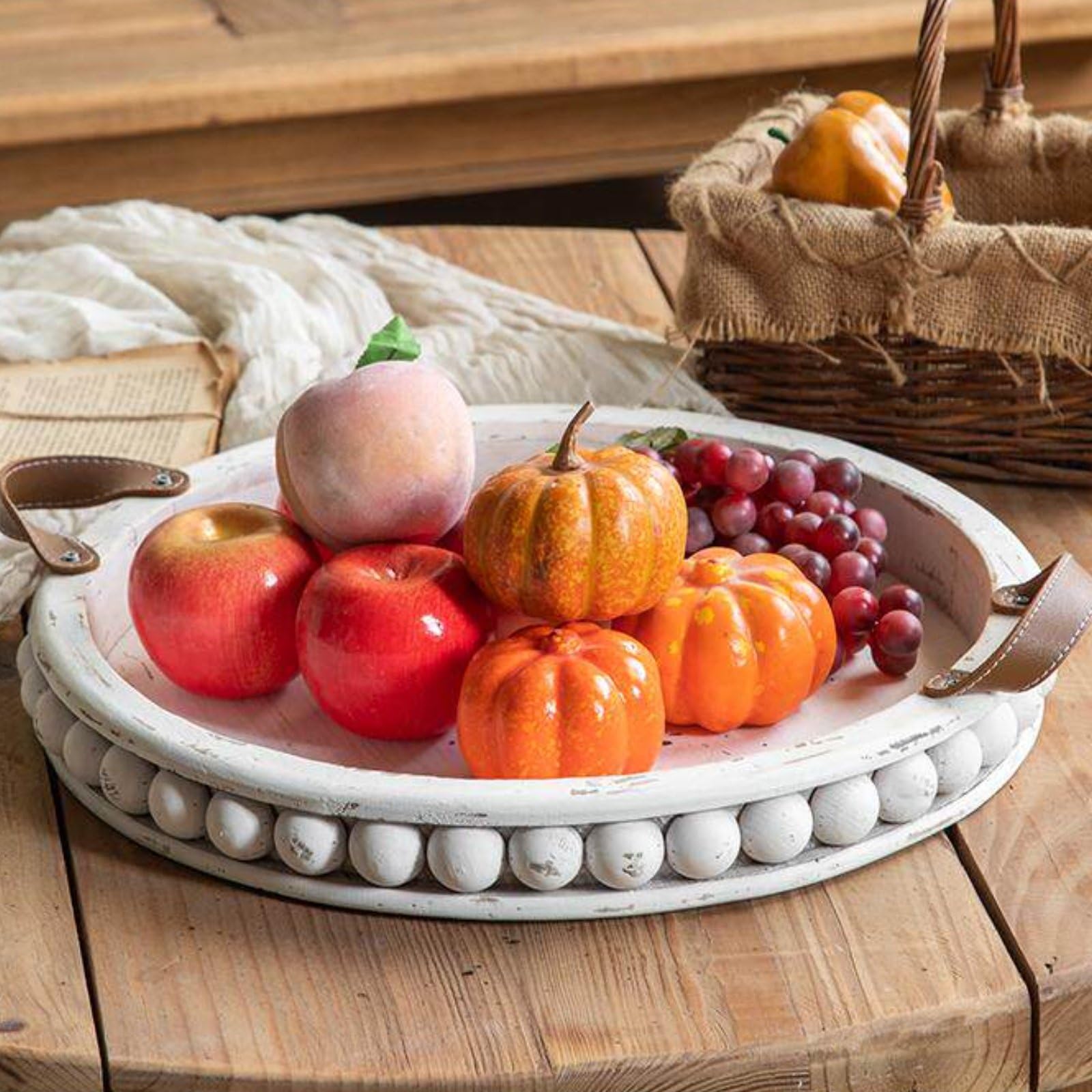 predolo Vassoio da Portata Rustico Multiuso Vassoio Rotondo in Legno Rustico Salvaspazio Alzata in Legno a 2 Piani per Centrotavola, Feste, Buffet, Bianco