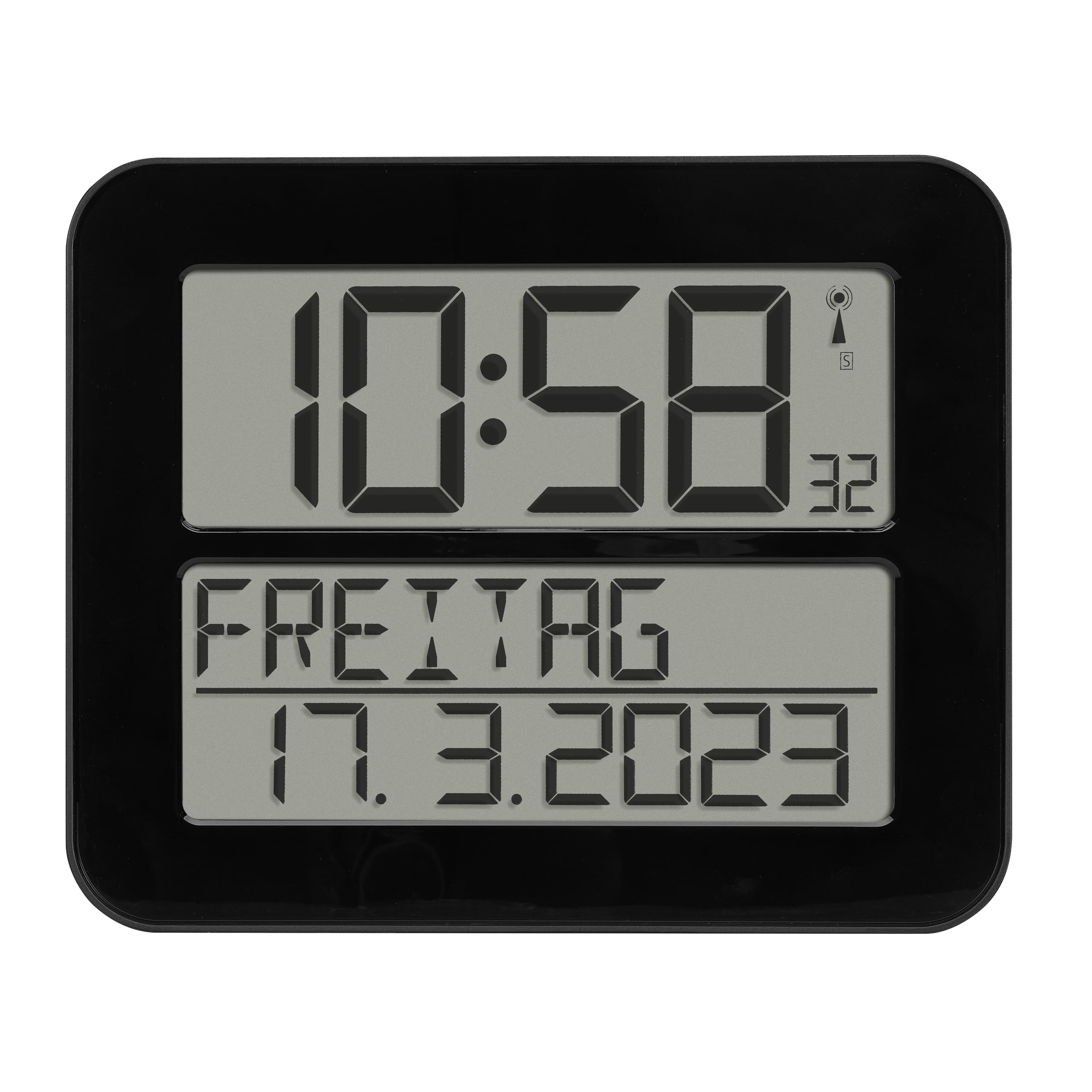 TFA Dostmann Digitale Funk-Wanduhr Timeline Max, 60.4512.01, übersichtliche Funkuhr, Demenzuhr, Küchenuhr, mit ausgeschriebenem Wochentag & Datum, mit Weckfunktion, 25,8 x 3 x 21,2 cm, schwarz