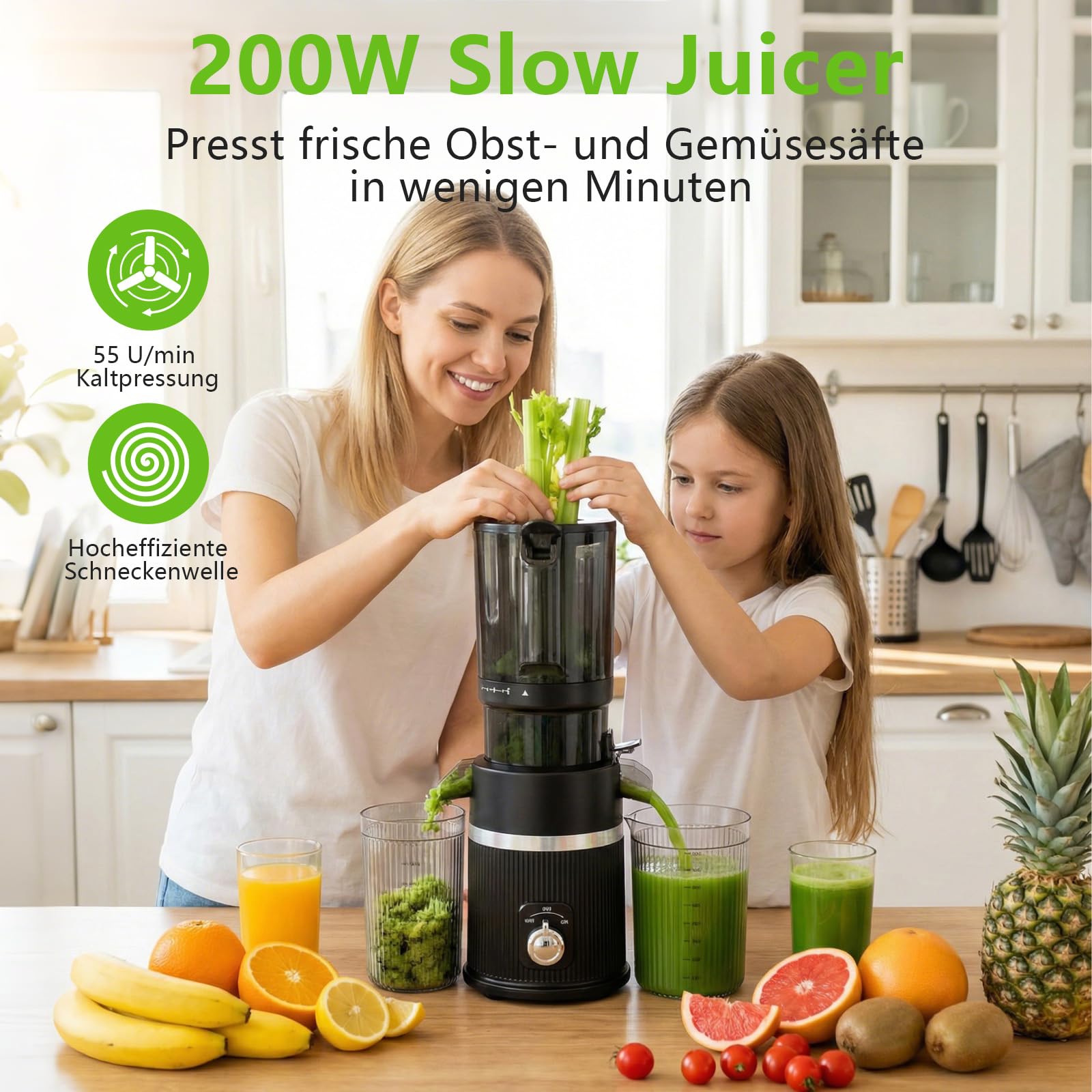 Entsafter Slow juicer 200W mit 112 mm Großem Einfüllschacht für Ganze Gemüse und Obst, Entsafter Gemüse und Obst Testsieger,BPA-Frei, Leicht zu Reinigen,Saftpresse Schwarz