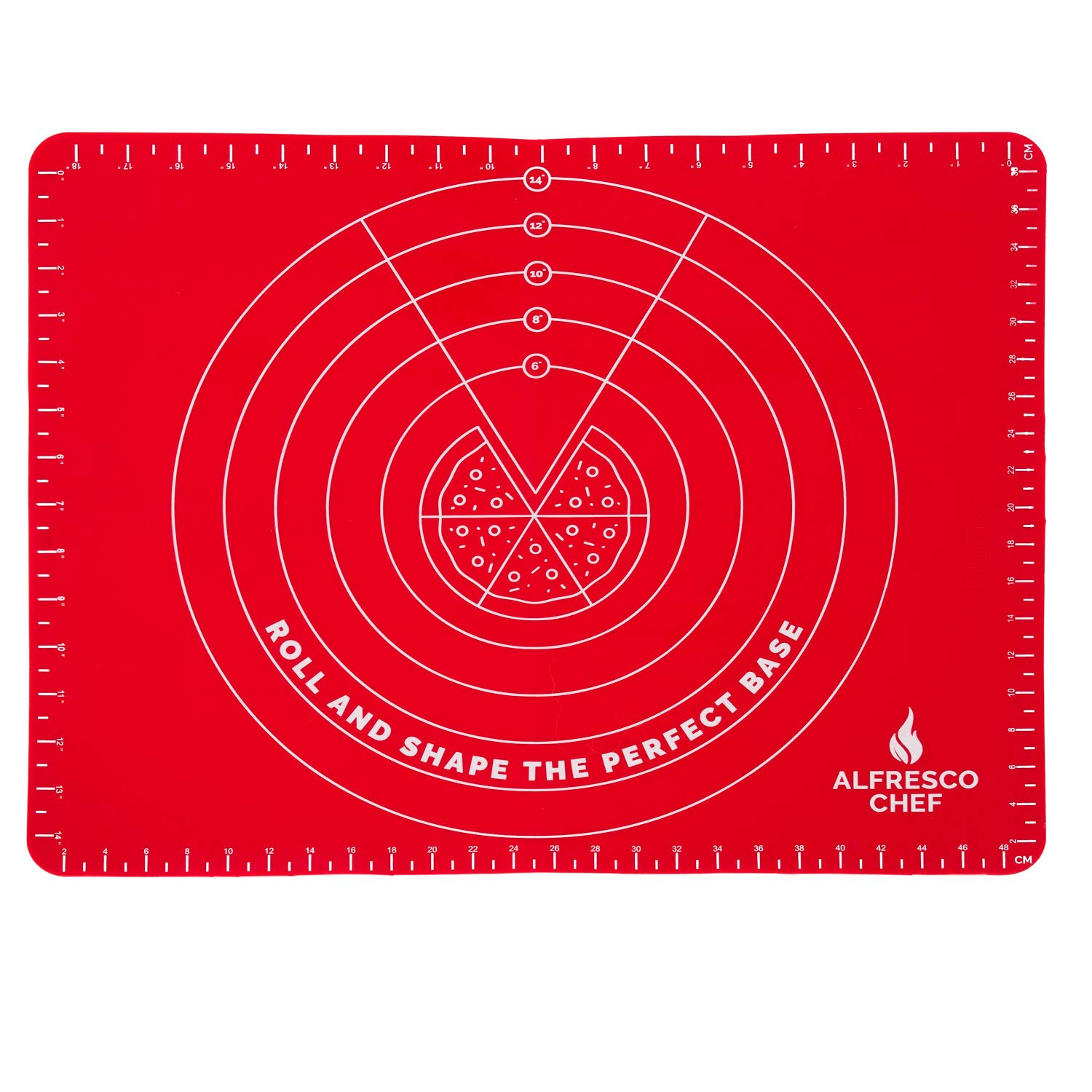 Alfresco Chef Non-Slip Non-Stick Silicone Dough Rolling Mat with Pizza Base Guide Up to 14 Inches (36cm) – Perfect for Preparing Dough and Pastry - Red