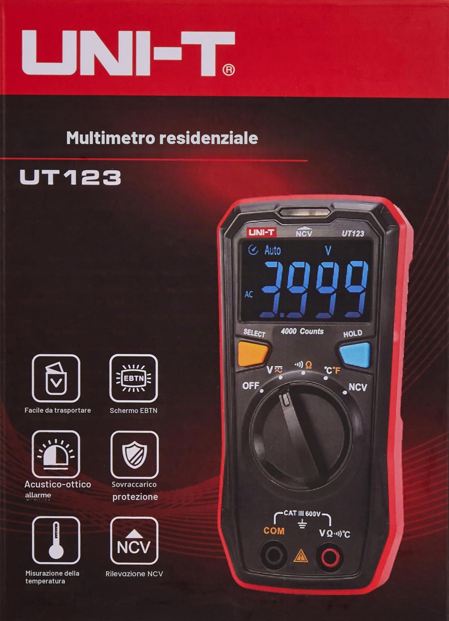 UNI-T UT123T - Multimetro Residenziale da Tasca, 600 V AC/DC, -40°C-300°C/-40°F-572°F
