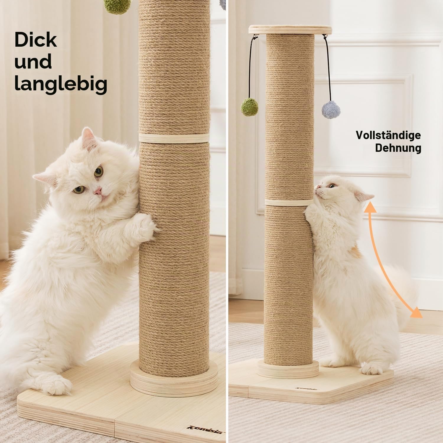ZOMISIA Kratzbaum für Wohnungskatzen, 88 cm Hoch | Stabiler Sisal-Katzenkratzbaum, 12 cm Dicke Säule, Verstärkter Holzfuß, Hängende Spielbälle
