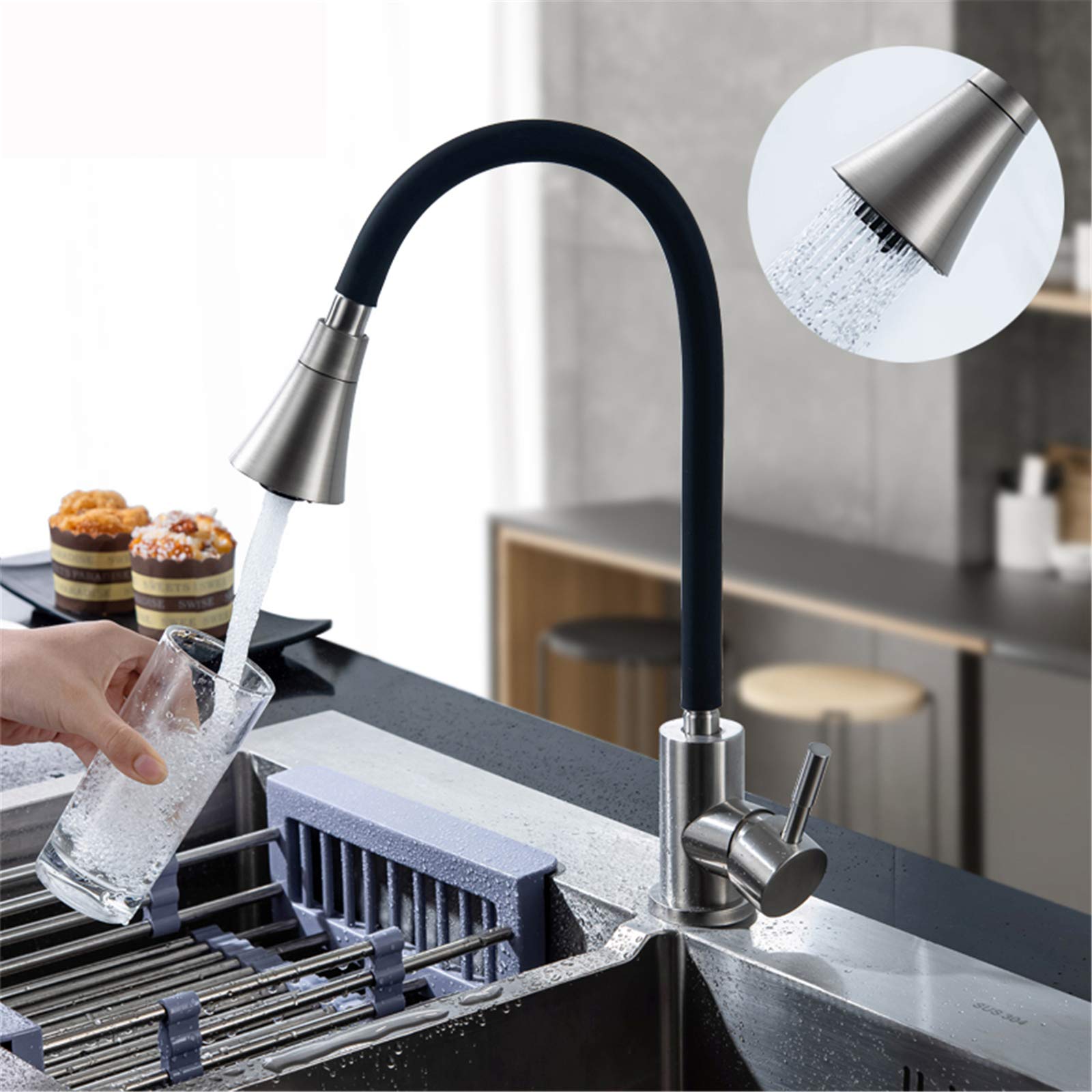 Grifo Cocina Abatible Giratorio 360°, Debajo de la Ventana Grifo de Fregadero Plegable con Dos Salidas de Agua, Acero Inoxidable 304 Mezclador Fregadero Agua Fría y Caliente para Cocina (rojo)