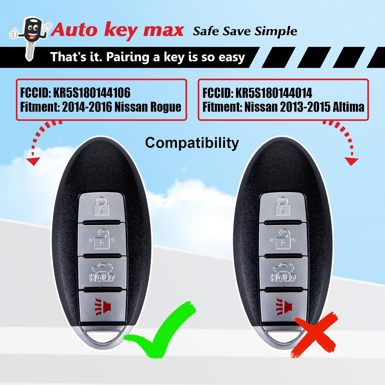 Simple Key Fob Smart Proximity Remote , Replacement for Nissan Rouge 2014 2015 2016 2017 2018 4A Chip KR5S180144106 (4 BTN KIT)