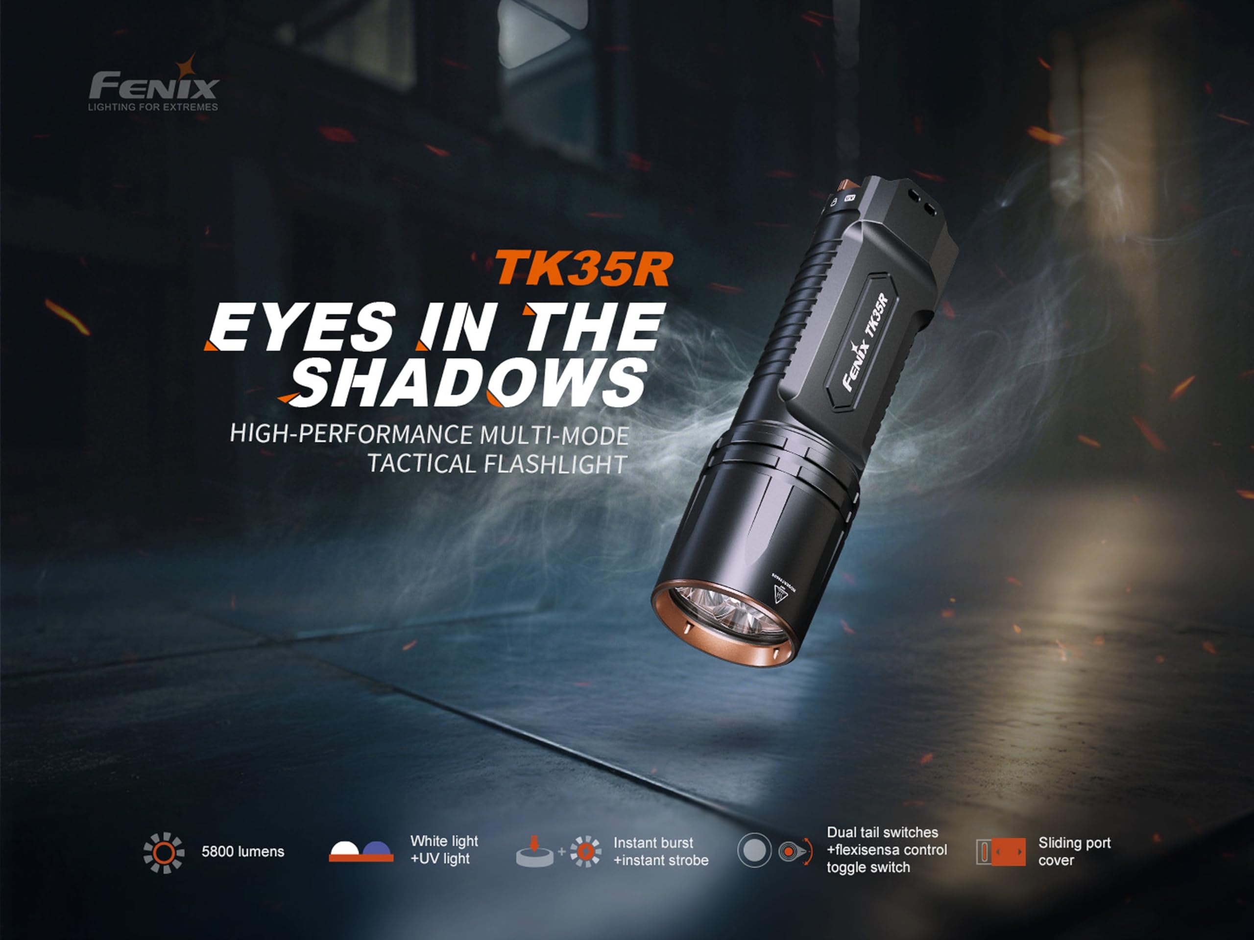 Fenix TK35R - Torcia ricaricabile per esterni e di sicurezza, 5800 lumen, 610 m, 105 ore massime, interruttore posteriore FlexiSensa, illuminazione UV a 2 livelli, copertura porta scorrevole, IP68