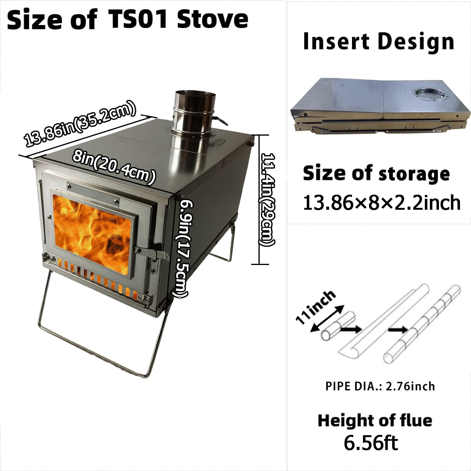 TS01 Portable Camping Wood Stove with 6.56ft Chimney, 304 Stainless Steel Collapsible Hot Tent Stove for Outdoor Glamping, Hunting, Easy Cooking