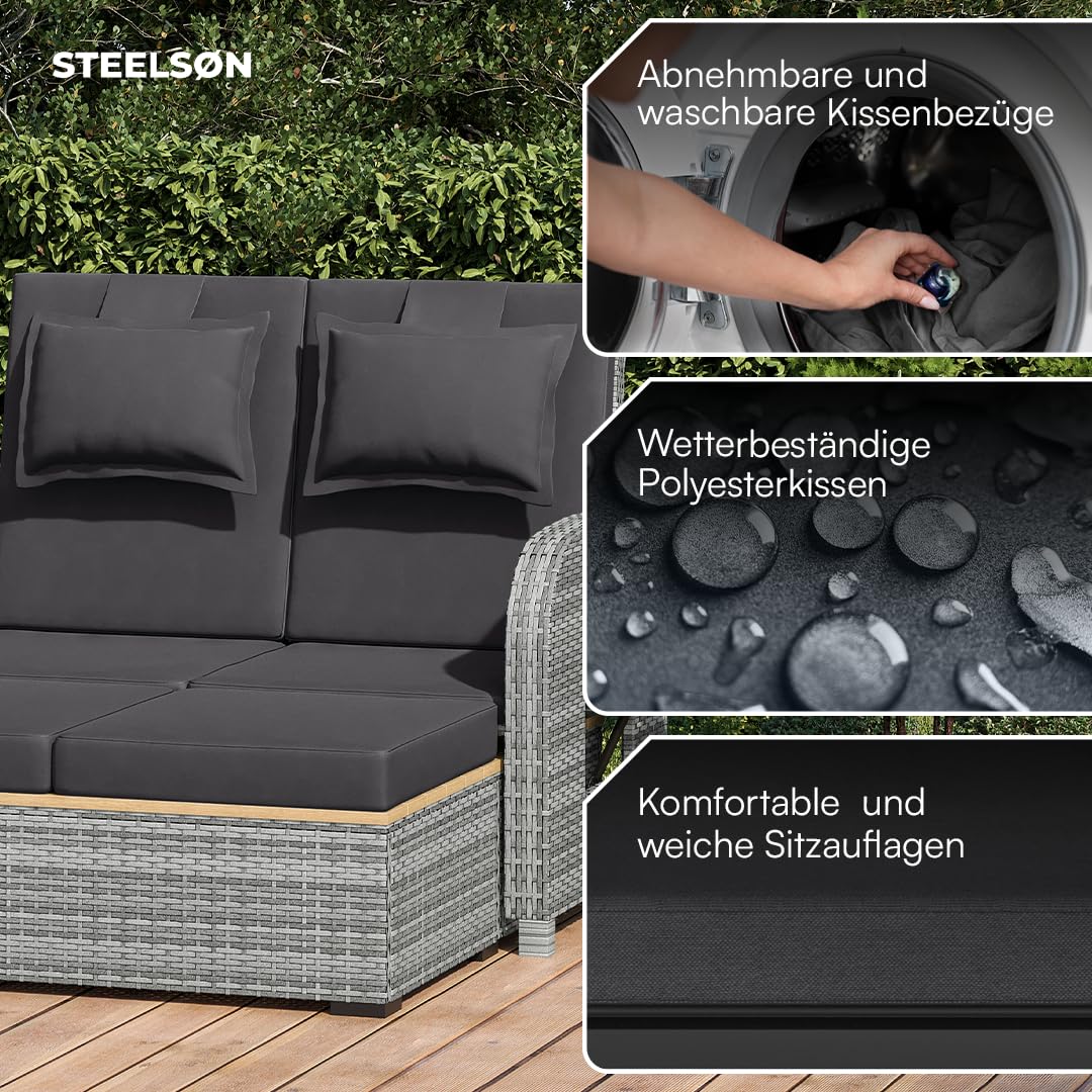 STEELSØN Caelum Sonnenliege mit Kissen Grau – Rattan Loungebett verstellbare Rückenlehne – Doppelliege ausklappbare Seitentische – Gartenliege wetterfest – Sonnenbett 2 Personen – mit Liegefunktion