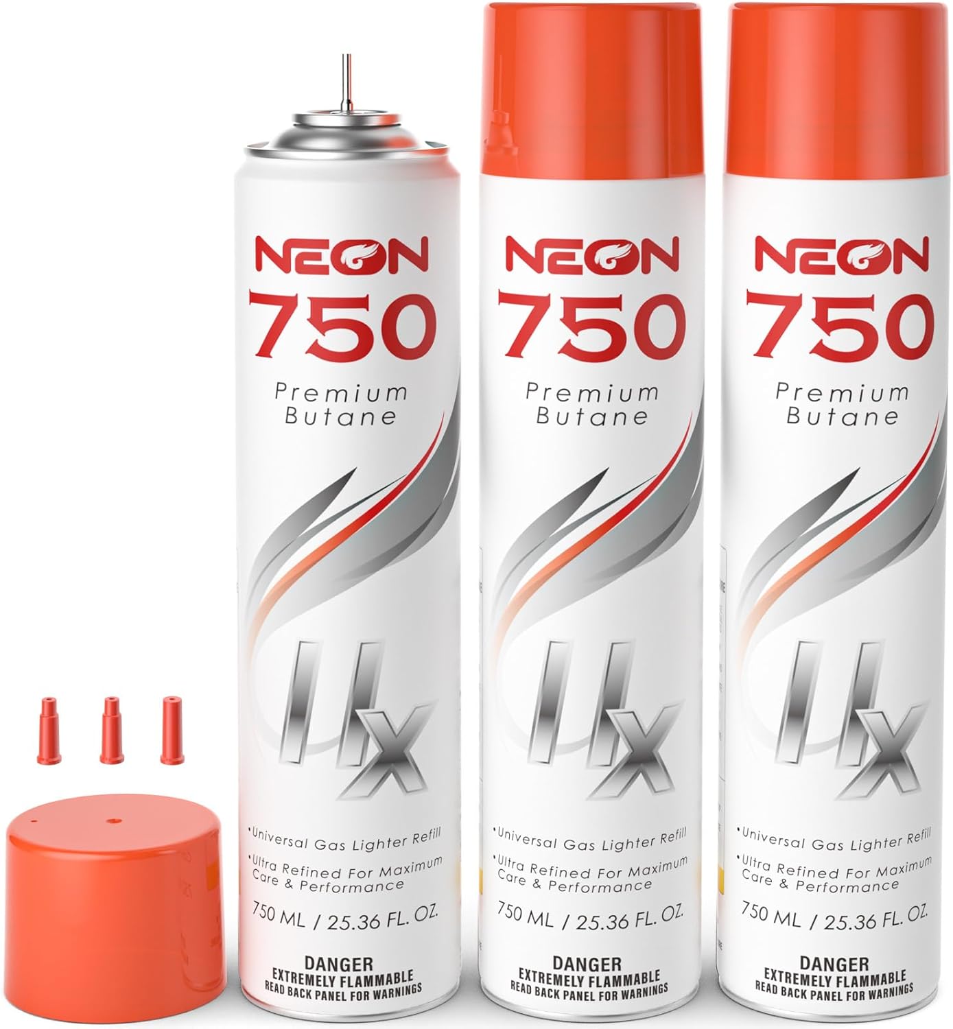 NEON Butane Fuel 750ml, 11X Ultra Refined 0 Impurities Butane Refill, Premium Universal Lighter Fluid with Metal Nozzle and 3 Butane Gas Refill Adapters for Refillable Lighters and Torches, Pack of 3