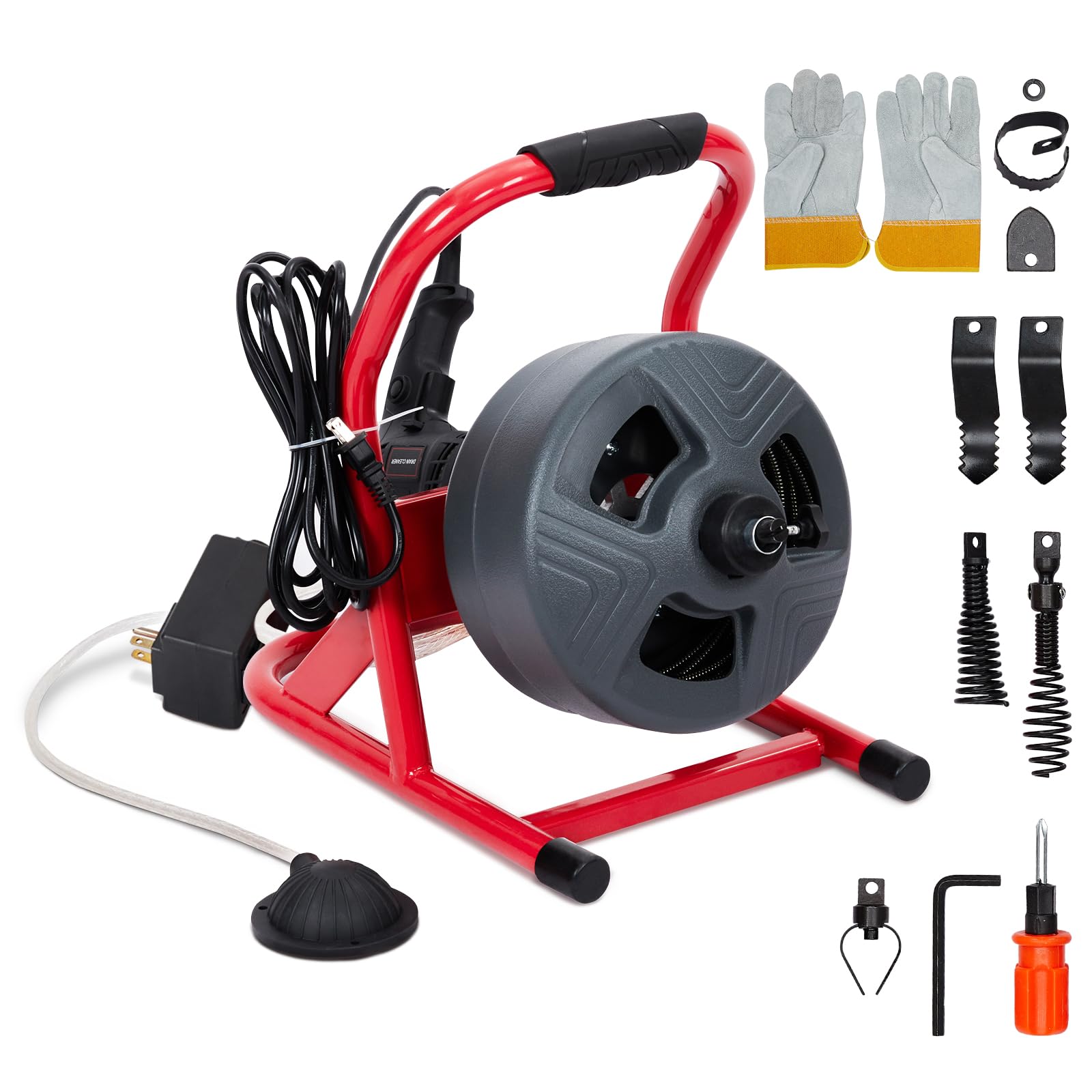 GARVEE Drain Cleaner Machine, 50 Ft X 5/16 Inch Professional Automatic Electric Drain Auger for 3/4 to 3 Inch Pipes, Portable Electric Drain Snake with 6 Cutters & Foot Switch and Pair of Gloves