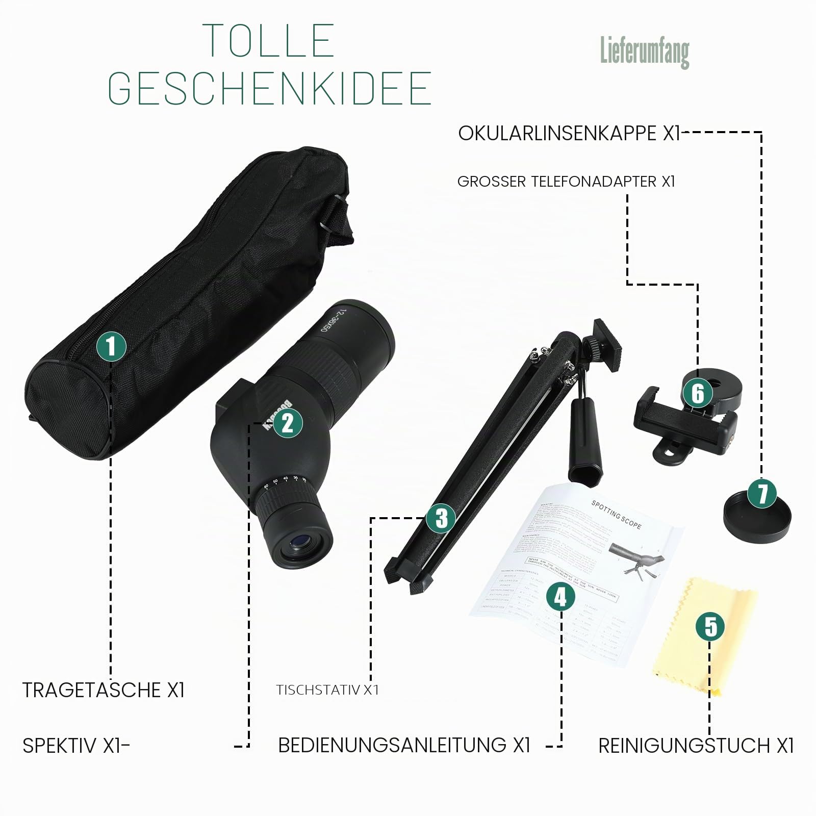 Spektiv HD Wasserdichtes Spektiv mit Stativ Tragetasche Smartphone-Adapter für Vogelbeobachtung