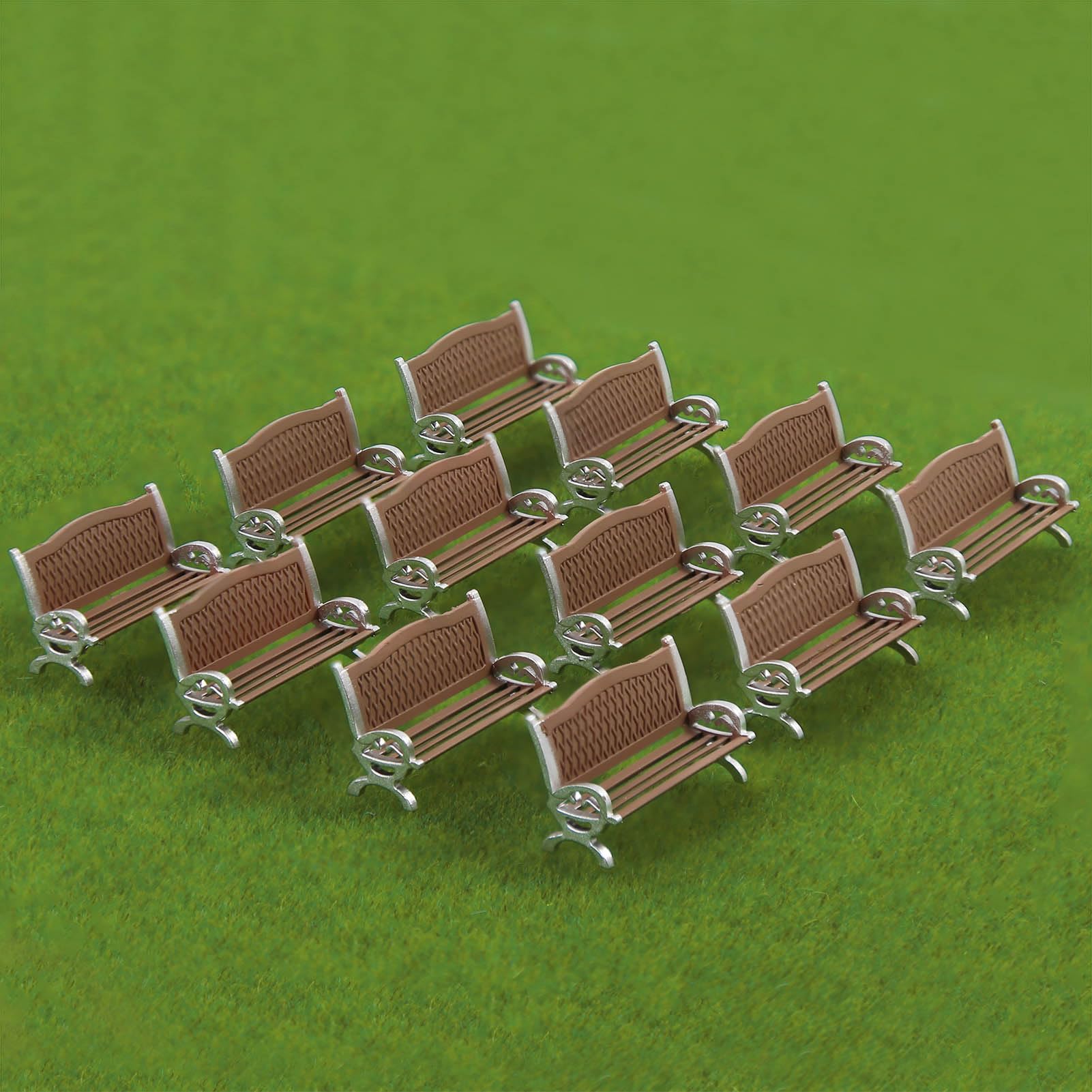Evemodel 12pcs 1:87 Scale Model Benches for H0 Gauge Railway Leisure Chair Bonsai Decor (C Brown with Silver)