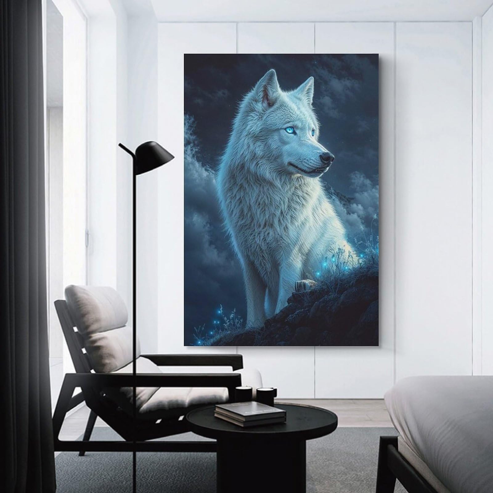 Junmoney Decorative Canvas Print White Wolf with Blue Eyes, 16x24inch(40x60cm), for New Homes, Bedrooms Or Workspaces, Thoughtful Wall Decor for Art Lovers