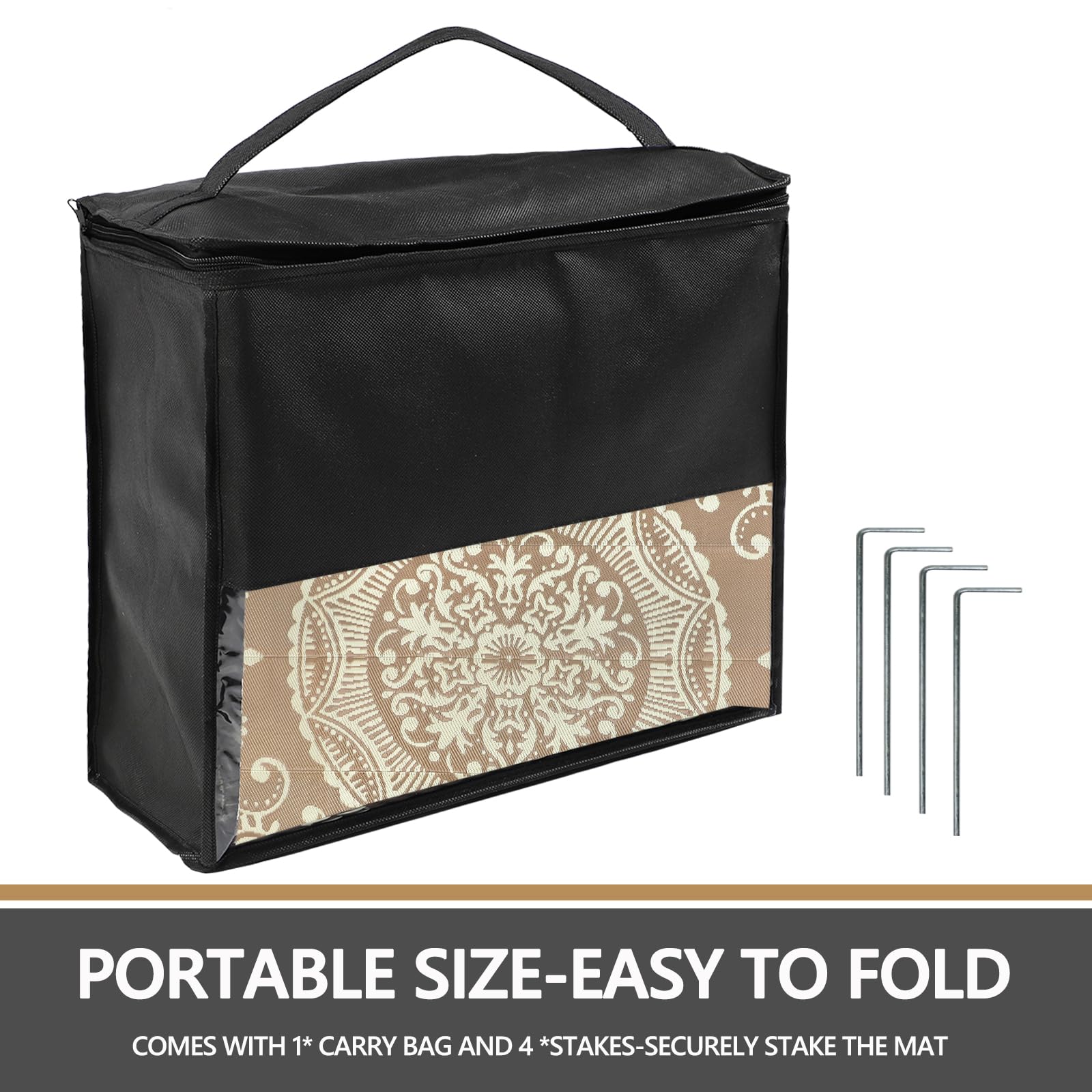 Capslpad Tappeto da campeggio da esterno beige, impermeabile, in plastica, reversibile, bohémien, floreale, balcone, pieghevole, con borsa per il trasporto, per patio, panca, picnic, portico