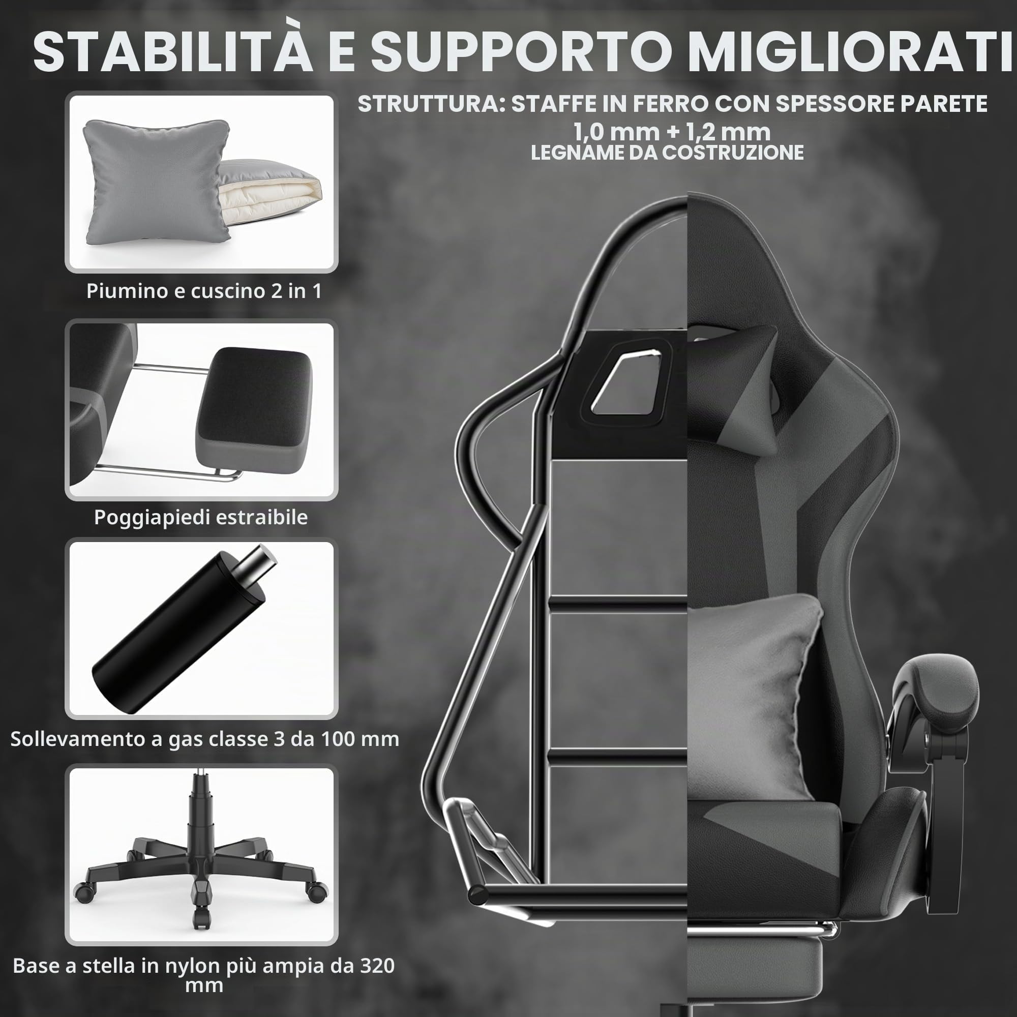 Soontrans Sedia Gaming, Sedia da Gaming Ergonomica con Tappetino per il Mouse, Poggiatesta, Poggiapiedi, Pelle Sintetica, Regolabile in Altezza, Braccioli Imbottiti, Portata 115kg (Nero e grigio)