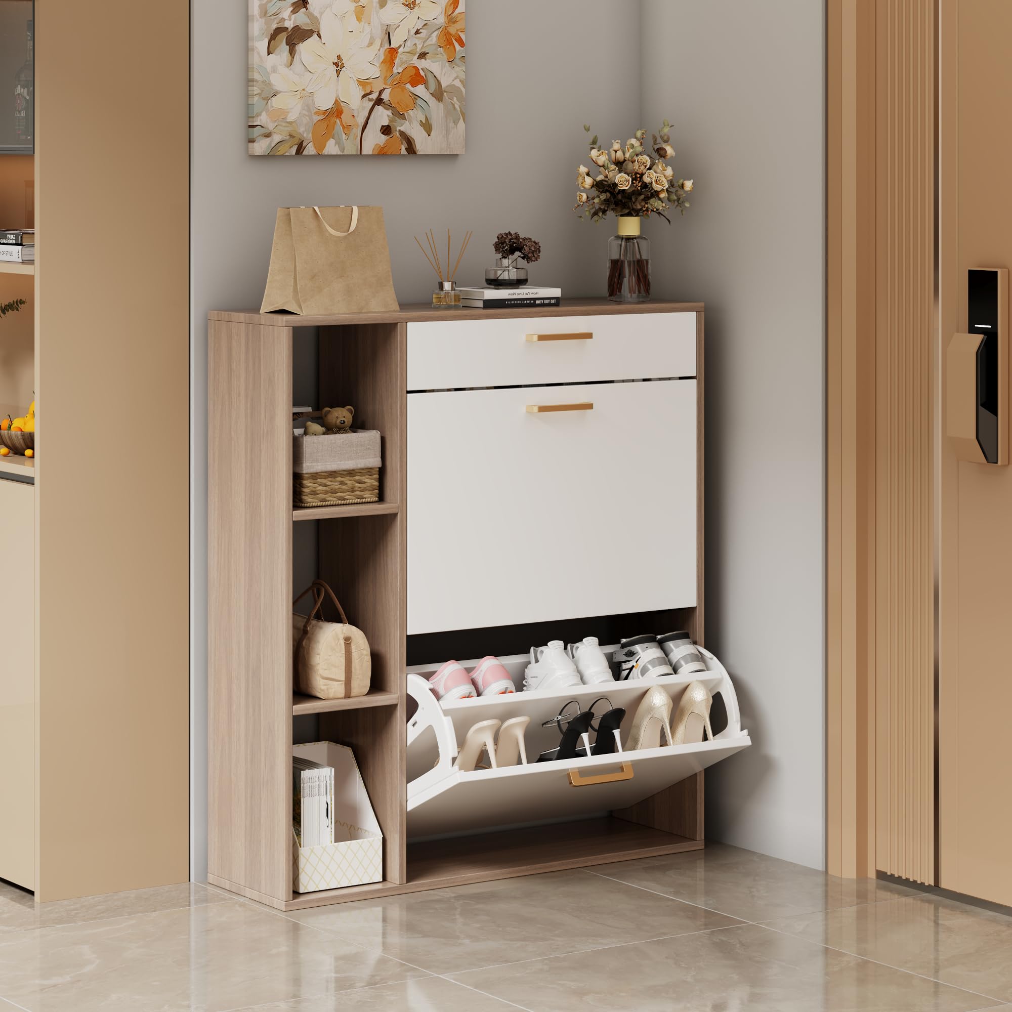 Zapatero 2 Puertas Estrecho Mueble Zapatero con 1 cajón y 3 Compartimentos de Almacenamiento para 12-16 Pares de Zapatos，para Sala de Estar, Pasillo de Entrada, 80x24x90cm Blanco