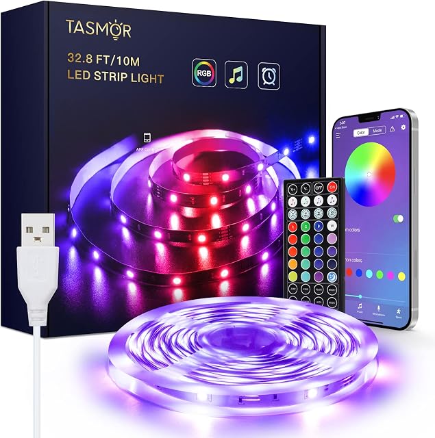 USB LED Strip Light 10m,Tasmor Wireless Light Strips with App Control Remote, 5050 RGB Colour Changing LED Lights for Bedroom Home TV Kitchen with IR Remote Control DIY Decoration, 1 Rolls of 32.8ft