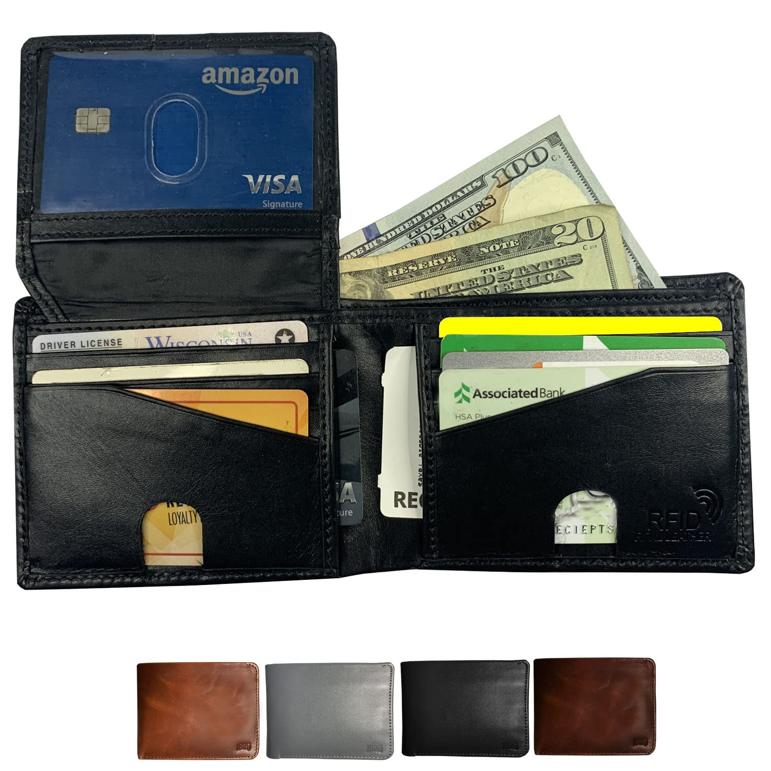 IBRO Genuine Leather Bifold RFID Men's Wallet Blocking ID Pocket Extra Capacity Black