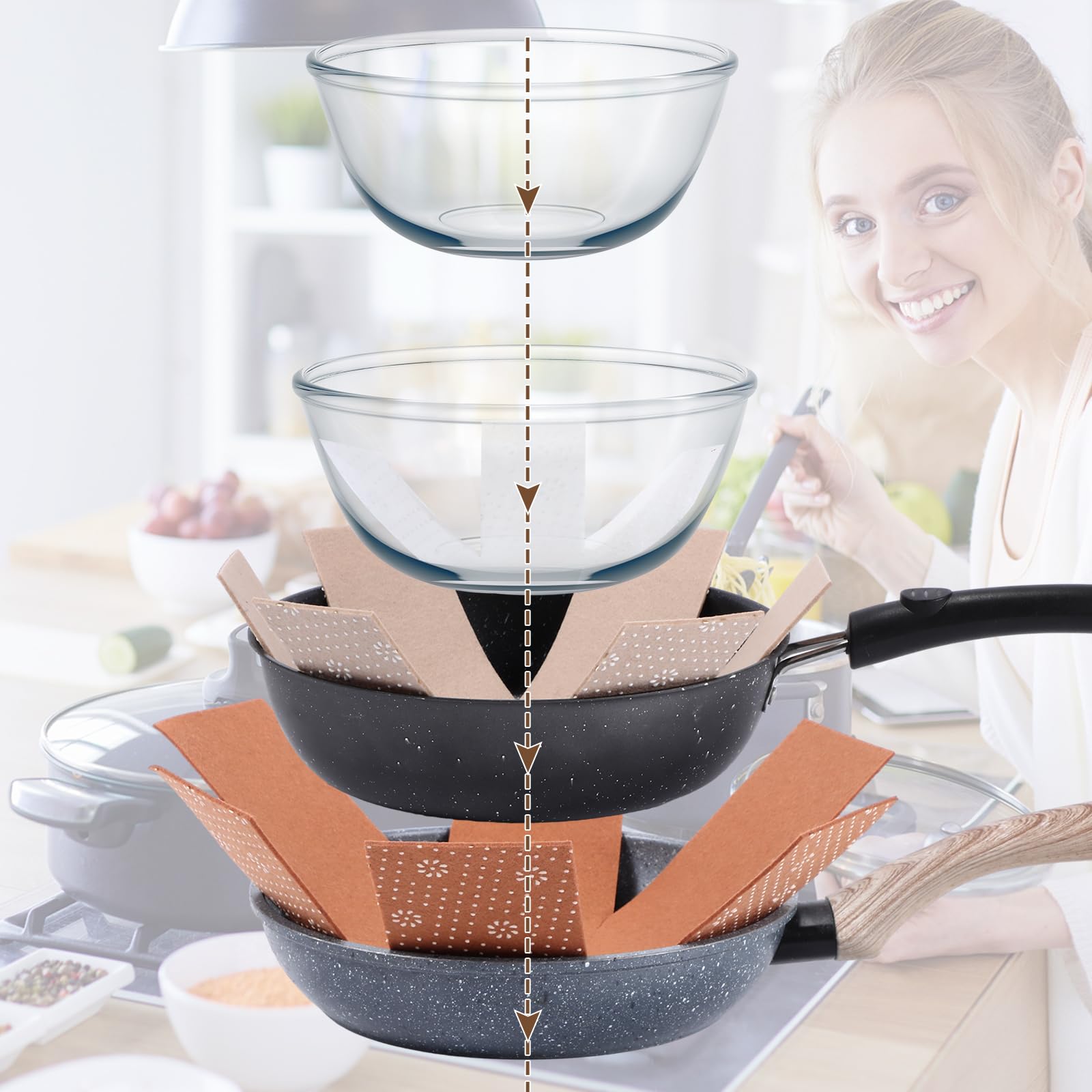 Queekay 24 protectores para ollas y sartenes, 6 tamaños diferentes para apilar, separadores de ollas y sartenes de fieltro, separadores de almohadillas separadoras, evita arañazos en los utensilios de