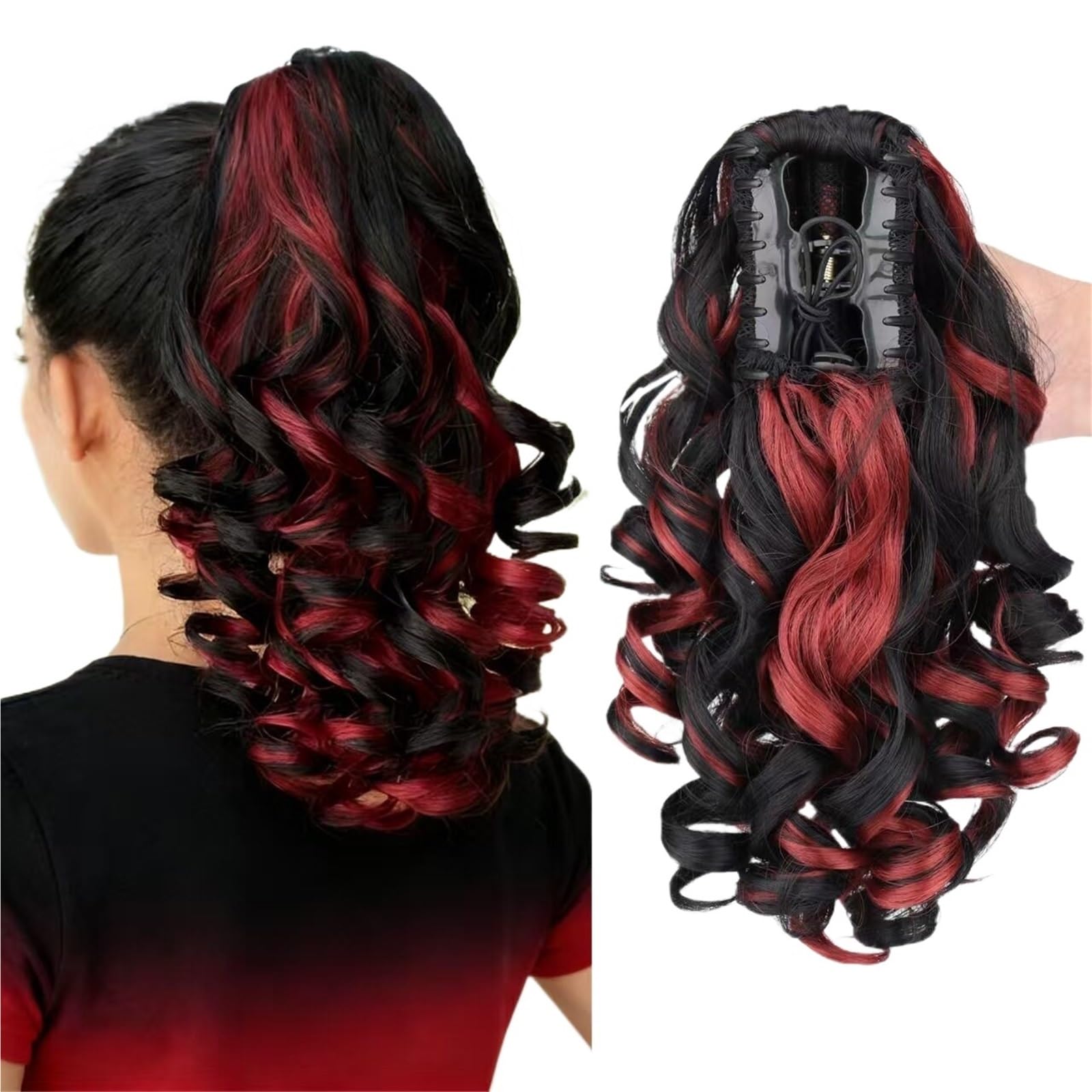 Moños Postizos Peluca Vintage rizada y esponjosa con Cola de Caballo Clip for rascar(Red)