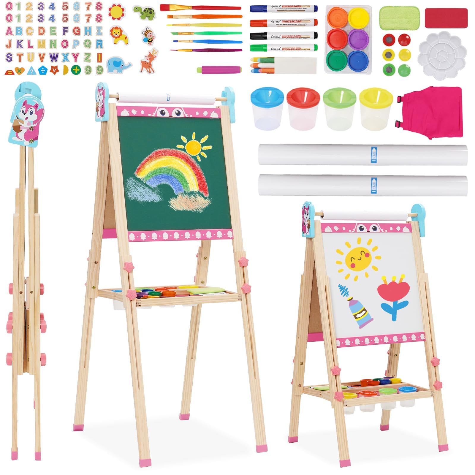 Caballete Infantil 3 en 1 Pizarra de Dibujo de Doble Cara de Madera Plegable con Rollo de Papel, Pizarra Blanca y Pizarra Caballete de Arte de Altura Ajustable 95-125cm Todo en Uno con 100+ Accesorios