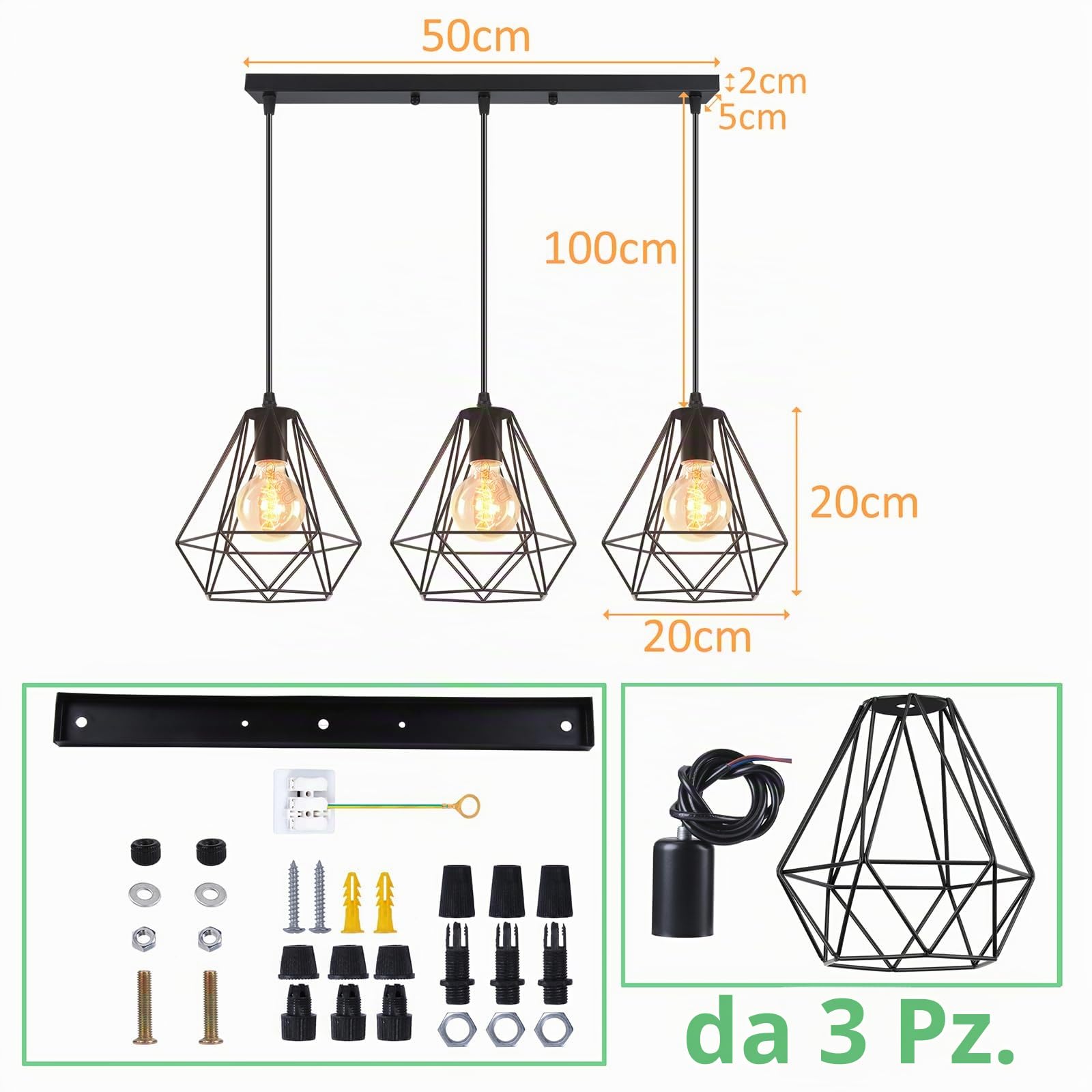 iDEGU 3 Luci Lampadario a Sospensione Vintage Industriale Lampada da Soffitto Paralume a Forma di Gabbia in Metallo E27 Lampada a Sospensione per Cucina Sala da Pranzo Soggiorno (Palo)