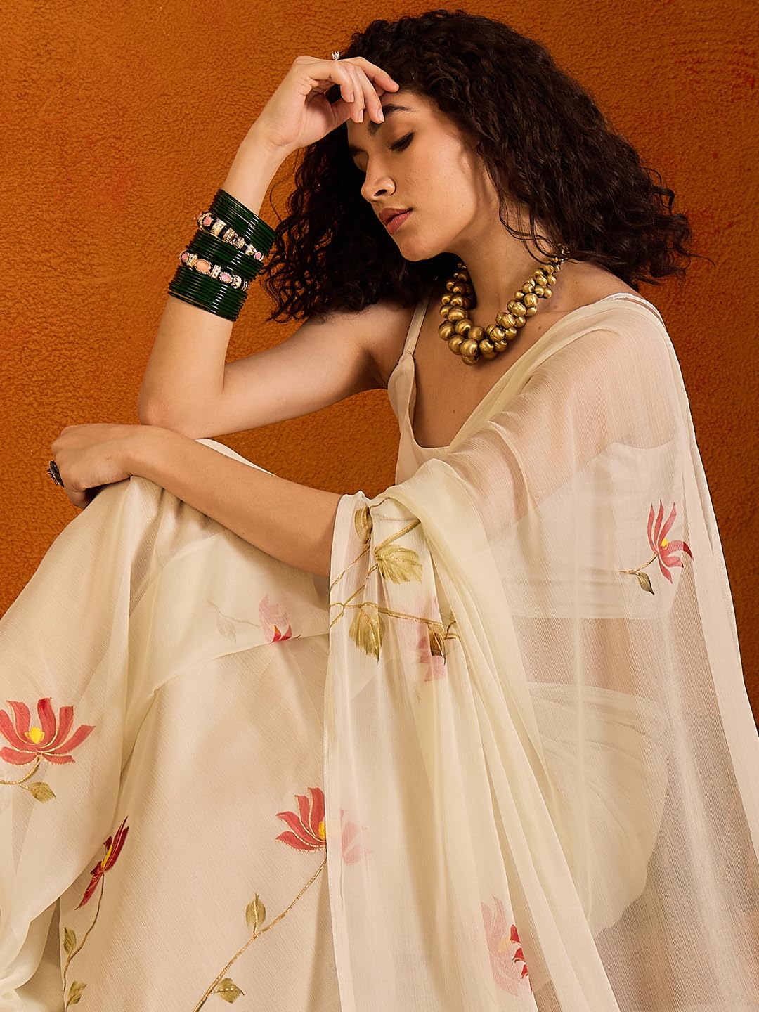 SAREE MALL Women's Off White Chiffon Botanical Printed Saree With Unstitched Blouse Piece (PAINTING102_SU) 4