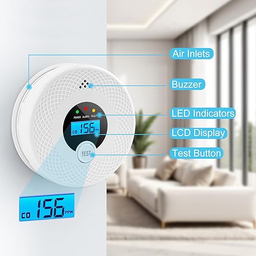 Miniatura 3 de Paquete de 2 detectores de humo de monóxido de carbono con luces indicadoras LED, pantalla LCD y alarma de 85 dB, alarma de humo a batería y