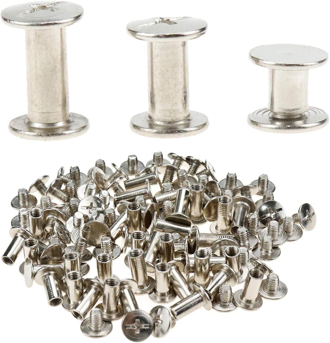 Bitray Round Flat Head Chicago Screws Buttons for Leather Crafting, Cross Head Phillips Drive Binding Screws Post Fastener, Metal Nail Rivet Studs, 60 Sets, Diameter 1/4 Inch/0.4Inch/0.47Inch