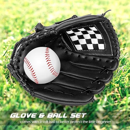 Miniatura 5 de GROOFOO Guante de béisbol y pelota para niños, jóvenes y adultos, softbol de entrenamiento de teeball guante de mano izquierdaderecha con juego de
