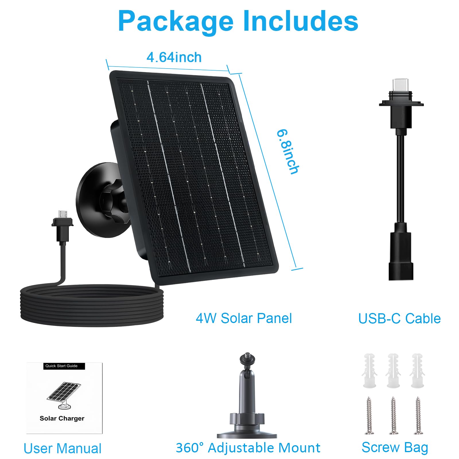 Caricatore a pannello solare da 4 W per fotocamera Blink Outdoor 4/3/XT2/XT, caricabatterie solare ad alta efficienza con adattatore USB-C e micro USB, impermeabile IP66, supporto regolabile a