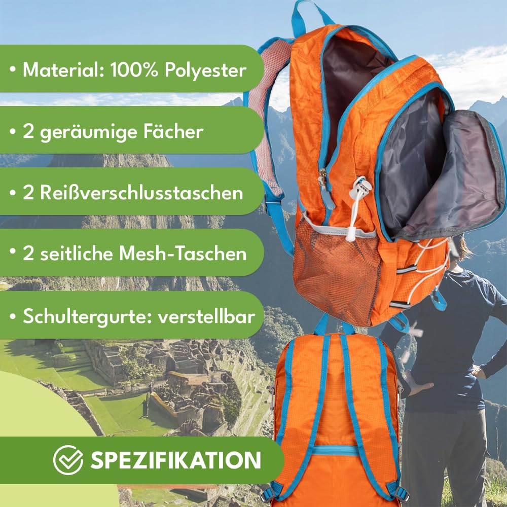 KRUMAD Zaino da escursionismo leggero, pieghevole, 25 l, unisex, impermeabile, da viaggio, campeggio, outdoor, trekking, con tasca, zaino sportivo pieghevole con supporto per Nordic Walking