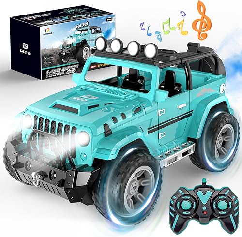 DEERC Auto a control remoto con niebla de niebla y música, camión de control remoto 116 para niños, juguete de auto RC de 2.4 GHz con 2 baterías,