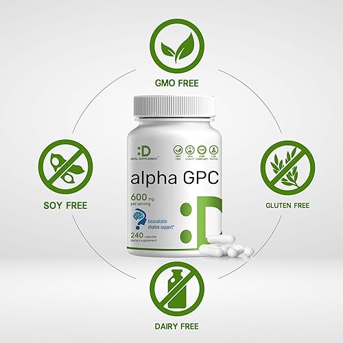 Miniatura 3 de Alpha GPC 600 mg por porción, 240 cápsulas – Reposición de colina biodisponible – Suplementos nootrópicos para la salud cerebral, memoria y