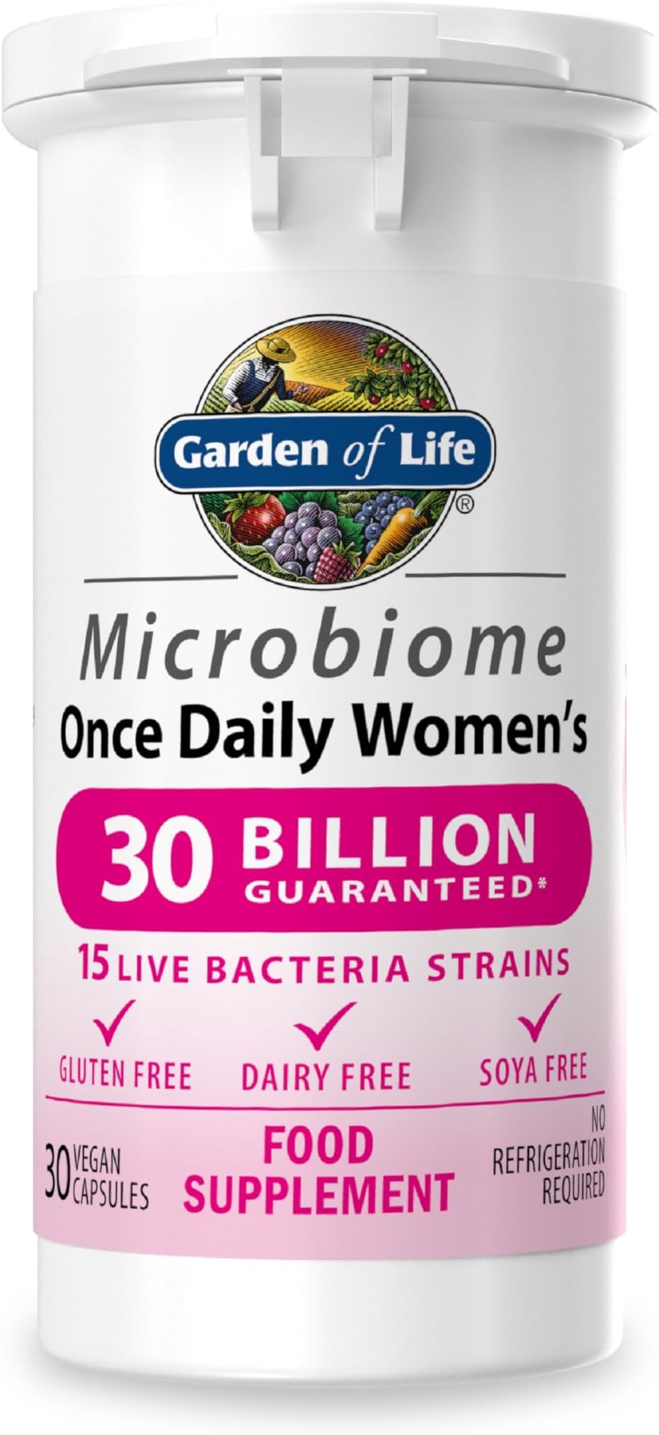 Microbiome Probiotics Once Daily Women's Supplements | 30 Capsules Made in Italy | 30 Billion CFU 15 Strains | Gluten, Dairy & SOYA Free - Vegan