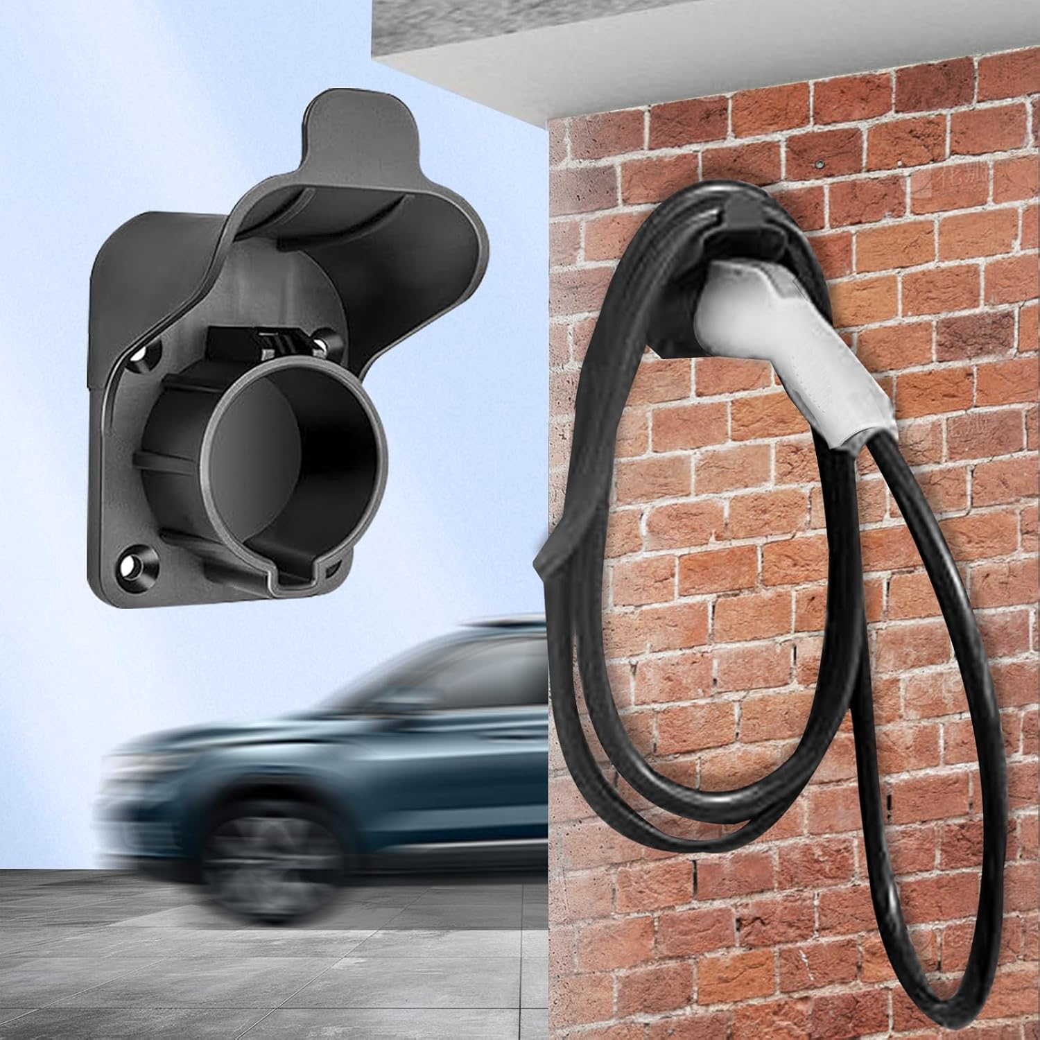 Wall Mount EV Charger Holder for SAE J1772｜Universal Charging Cable Organizer Holster｜Weatherproof Electric Car Plug Dock｜Space Saving Indoor/Outdoor
