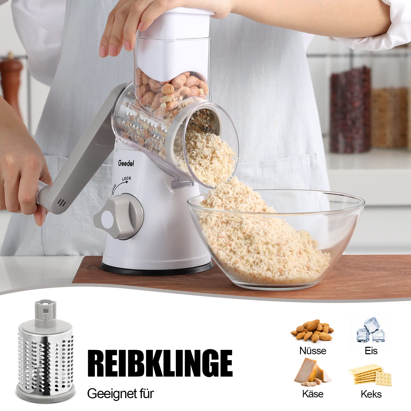 Käsereibe, Reibe für Gemüse mit 3 Trommelblättern, Trommelreibe Schnelleres und Einfaches Schneiden, Gemüseschneider Ideal für Käse, Gurken, Karotten, Nüsse usw
