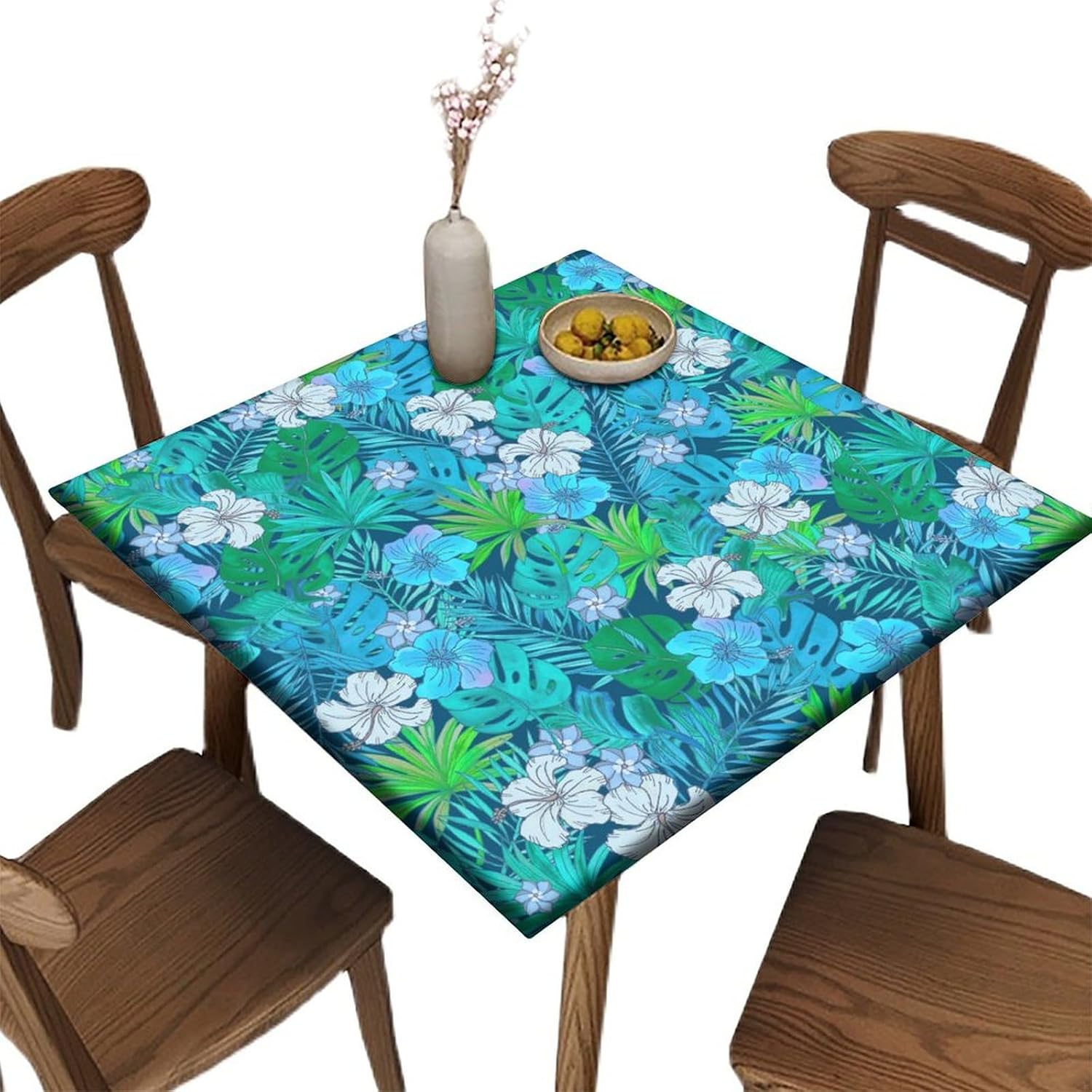 Fitted Elastic Edge Square Tablecloths, Blue Green Palm Leaves Polyester Table Cover, for Indoor Restaurant or Outdoor Patio Party Dining, Fit for 44” x 44" Square Table