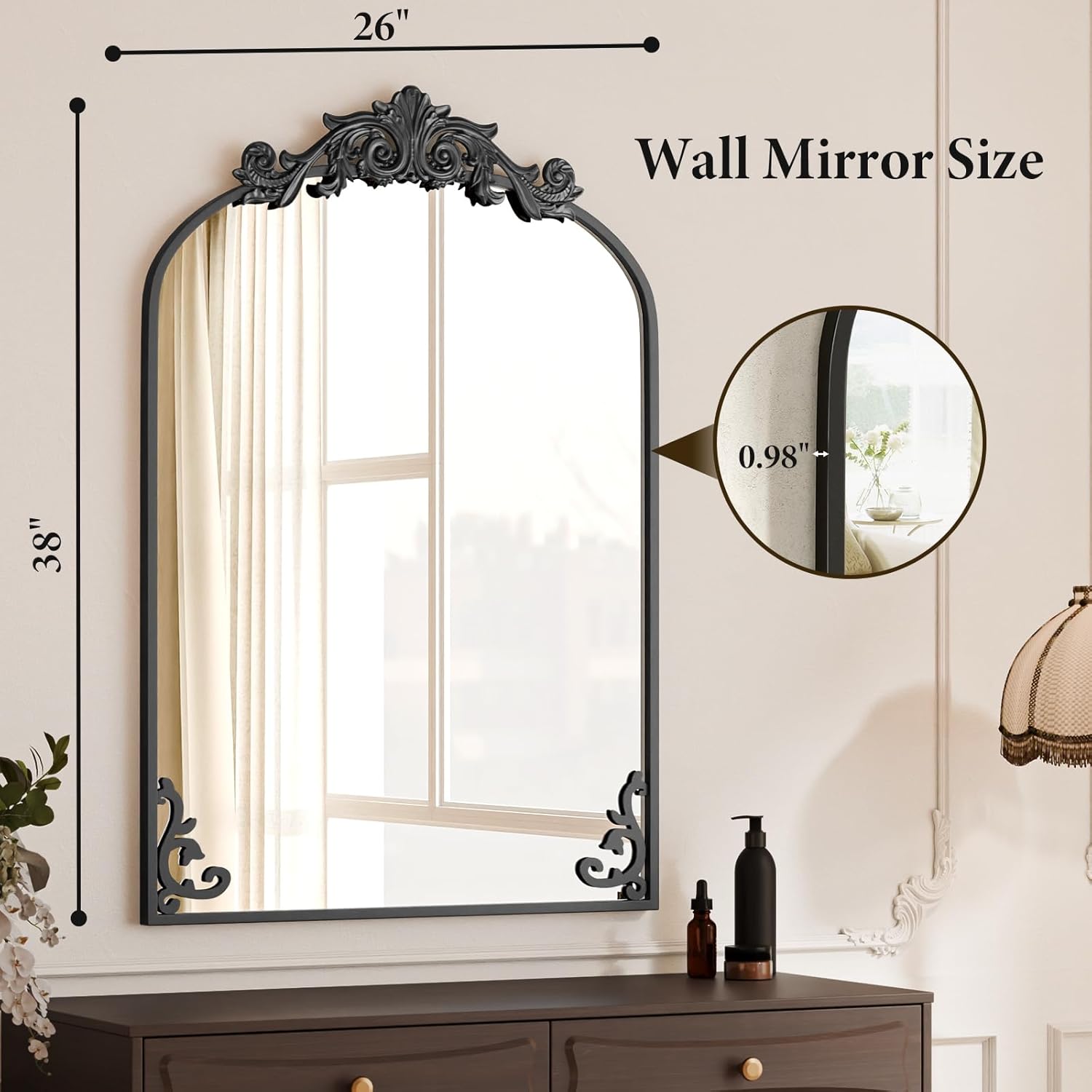 Koonmi Vintage Mirror, 26x38 Retro Wall Mounted Vanity Mirror, Tempered Glass, Detachable Flower Head, Black Antique Decorative Arched Mirrors for Bathroom Entryway Fireplace Hallway