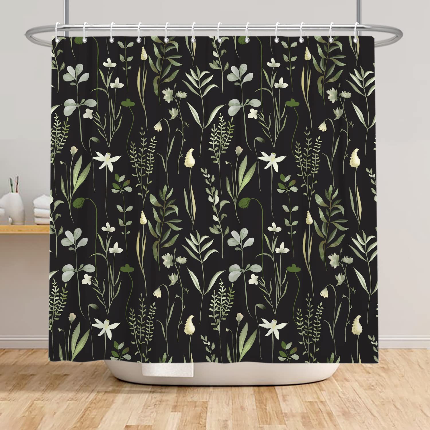 BOODII Tenda Doccia Extra Lunga Nera Con Foglie Di Eucalipto – Set Con Fodera E Ganci, 182x213 Cm - 3