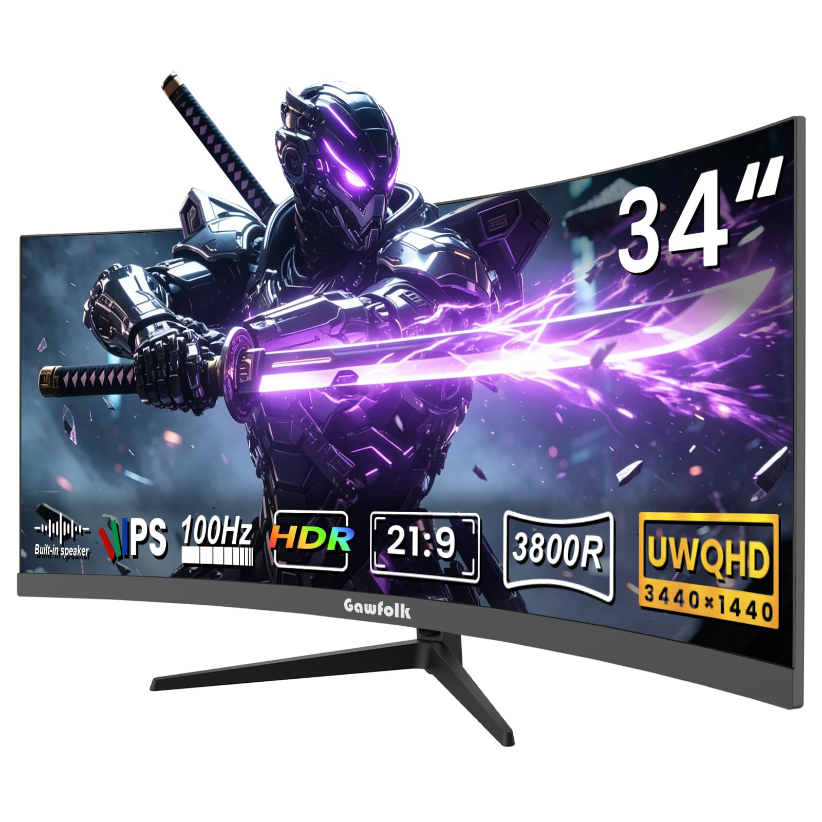 Gawfolk 34 Zoll Curved Monitor 100Hz UWQHD (3440x1440), 21:9, IPS Panel, 3800R, HDR10, FreeSync, HDMI 2.0 & DP, 100x100 VESA – Büro & Gaming