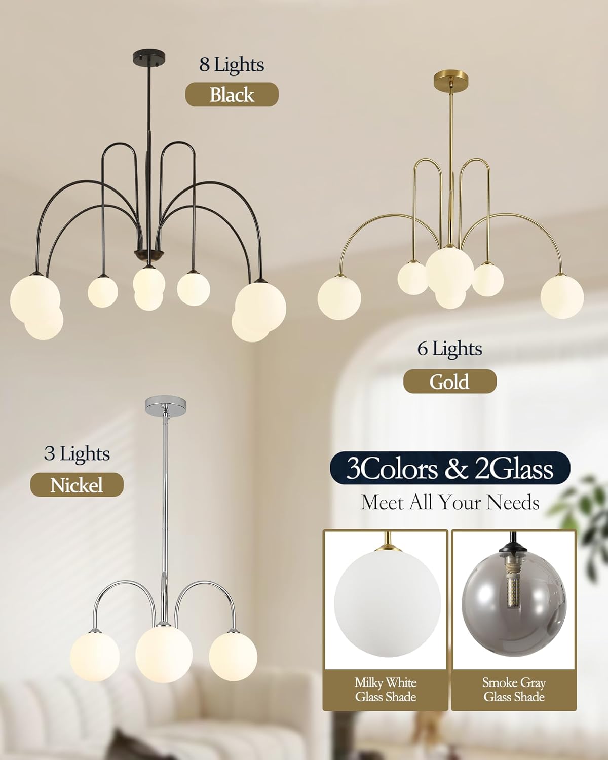 Gold Sputnik Chandelier, 6 Light Mid Century Modern Chandeliers, Dining Room Chandeliers with Milk Glass Globe Shade, Globe Chandelier for Dining Room, Living Room, Bedroom, Foyer, Kitchen